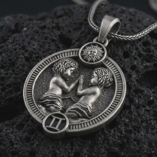 Oxidized Gemini zodiac pendant necklace on textured volcanic rock, close-up studio shot highlighting the twin figures, sun detail, Gemini symbol, and antique silver contrast.