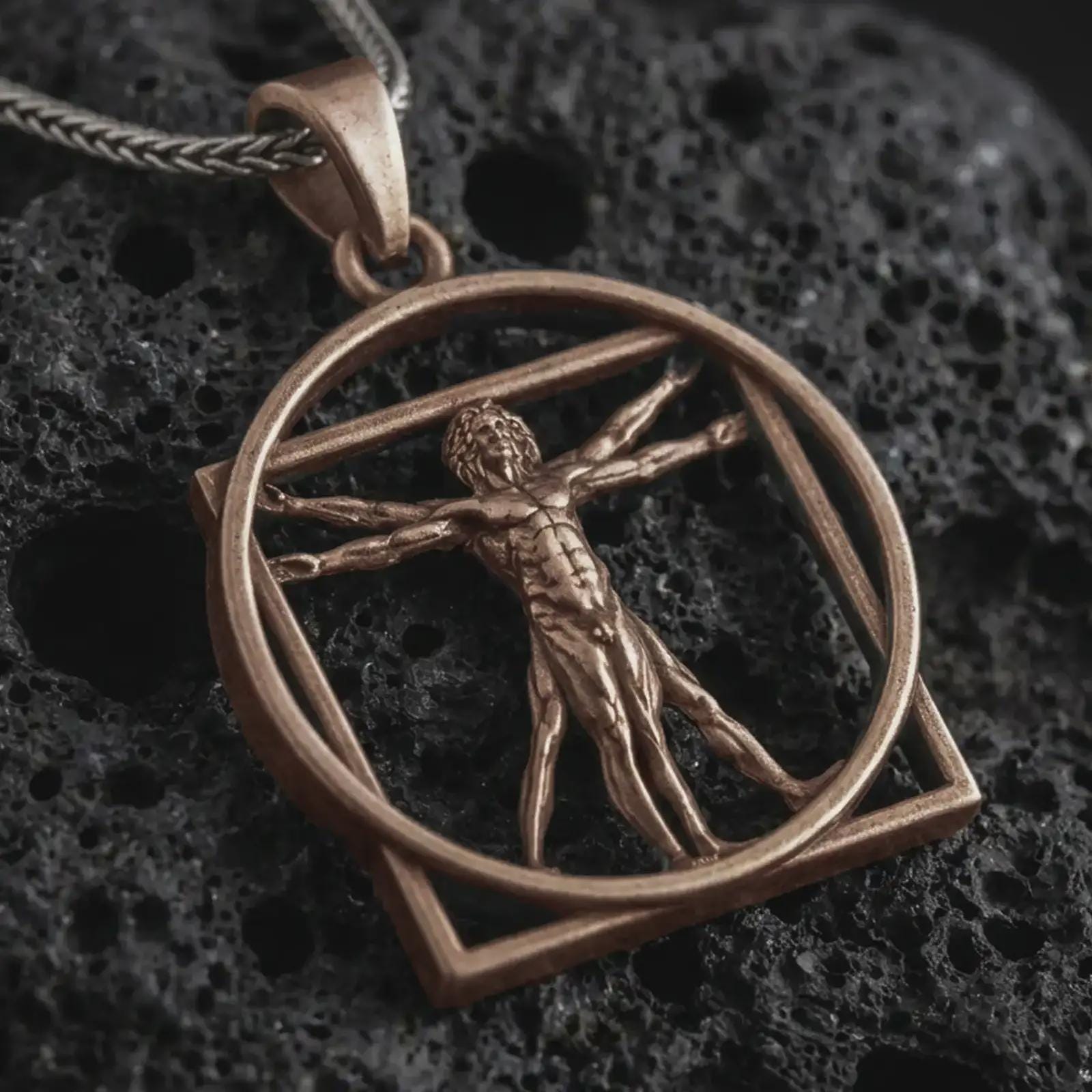 Bronze Vitruvian Man pendant necklace on textured volcanic rock, close-up studio shot highlighting the Leonardo da Vinci figure, circular frame, geometric square outline, and antique silver contrast.
