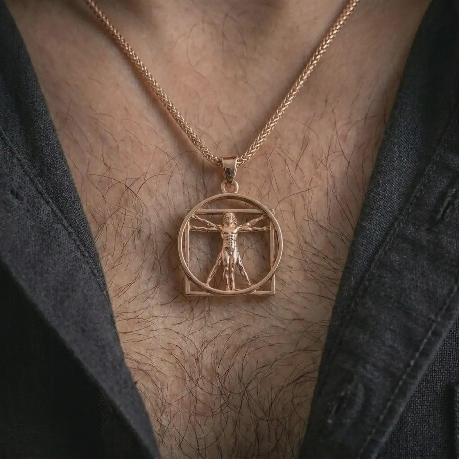 Rose gold plated Vitruvian Man pendant necklace worn on the chest, close-up lifestyle shot featuring the artistic Vitruvian Man design with warm rose gold tones.