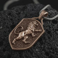 Load image into Gallery viewer, Bronze heraldic lion shield pendant necklace on textured volcanic rock, close-up studio shot highlighting the rampant lion relief, shield frame, textured background, and antique silver contrast.
