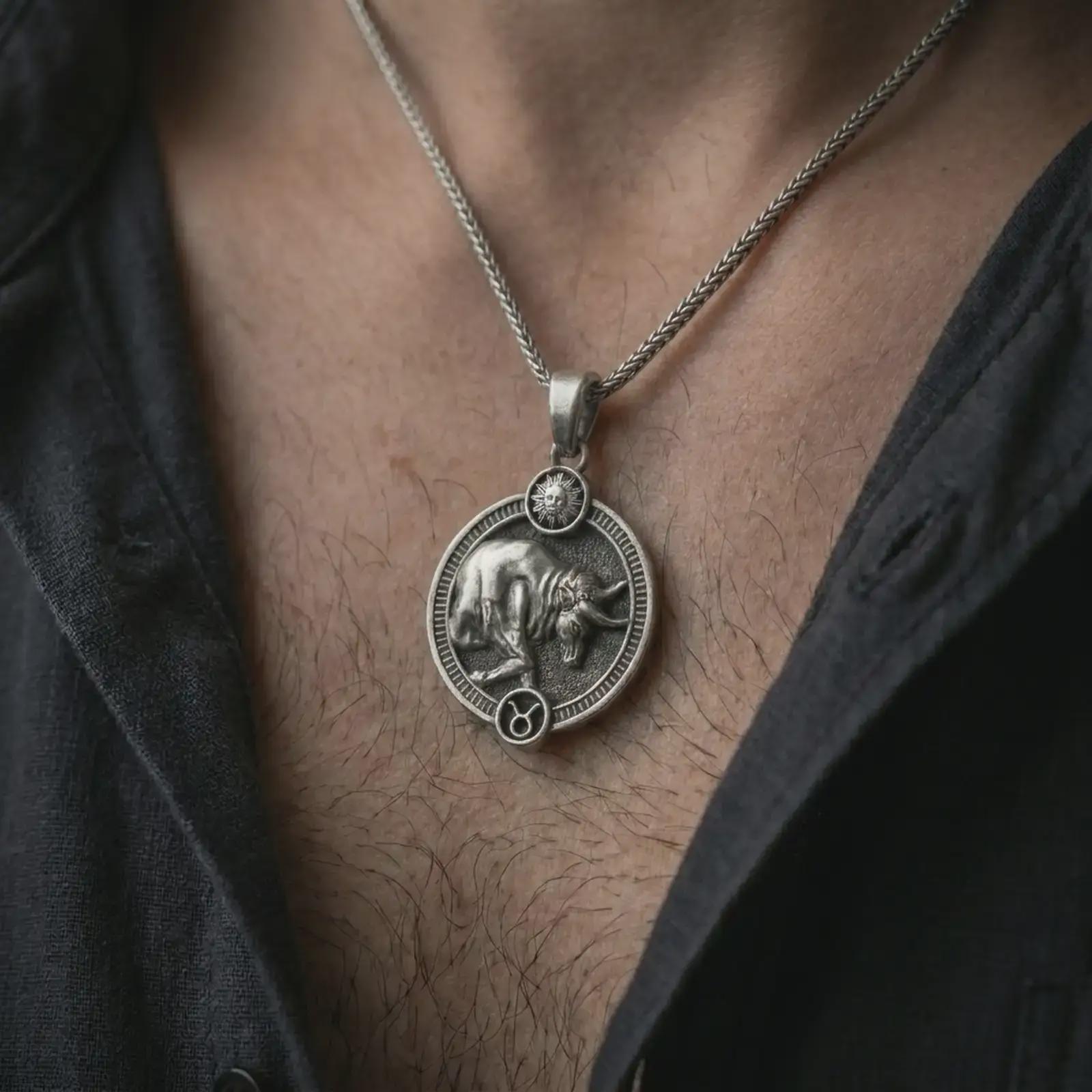 Oxidized Taurus zodiac pendant necklace worn on the chest, close-up lifestyle jewelry photo showing the bull astrology medallion on a spiga chain with dark clothing.