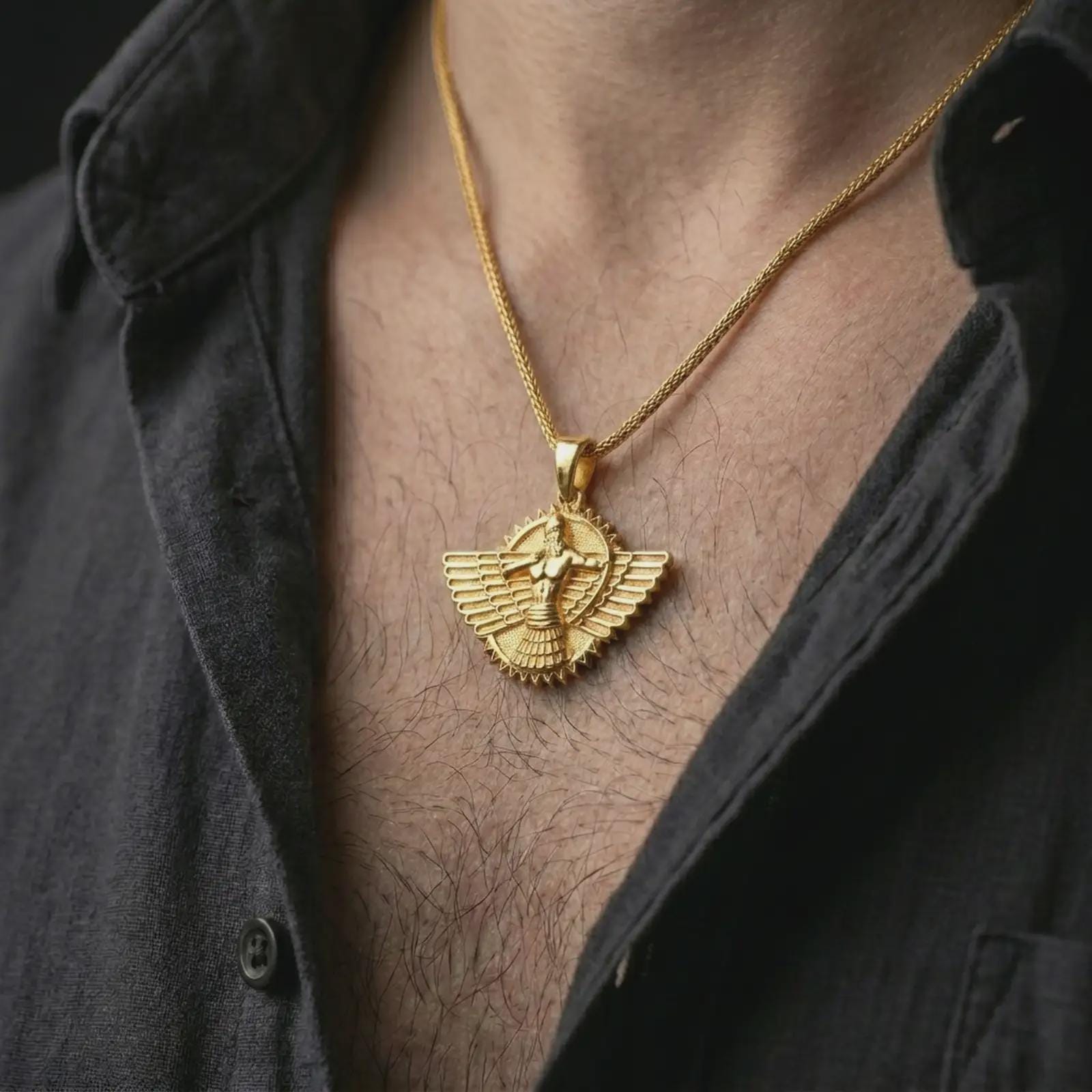 A gold plated Faravahar pendant is worn on the neck in a close-up lifestyle shot, styled as a spiritual ancient Persian gift for men.