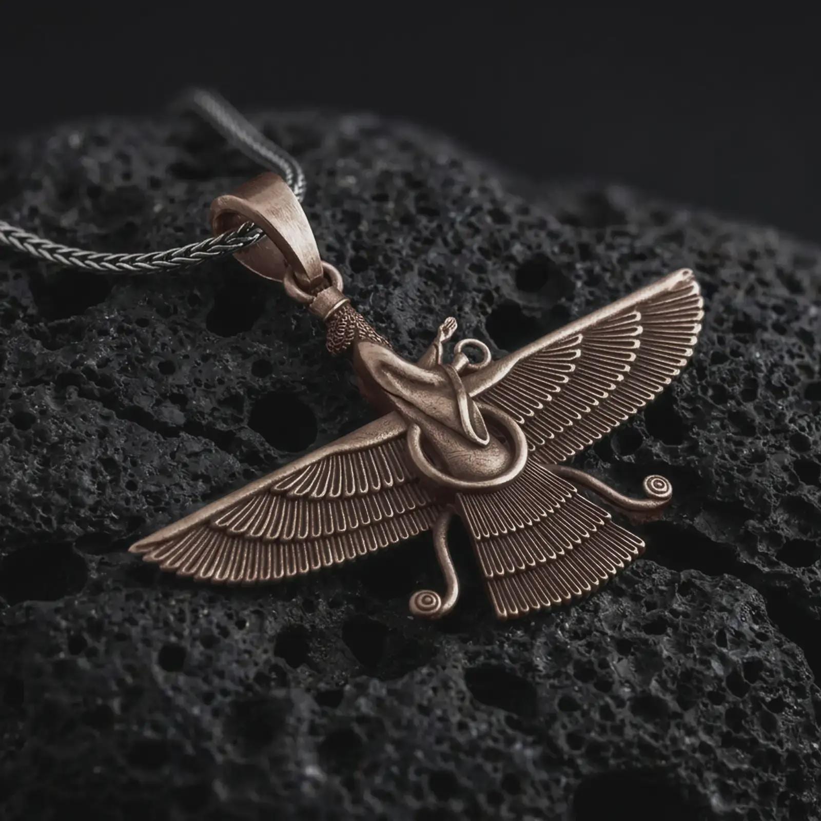 Bronze Faravahar pendant necklace on textured volcanic rock, close-up studio shot highlighting the winged guardian figure, Zoroastrian symbol, feather details, and antique silver contrast.