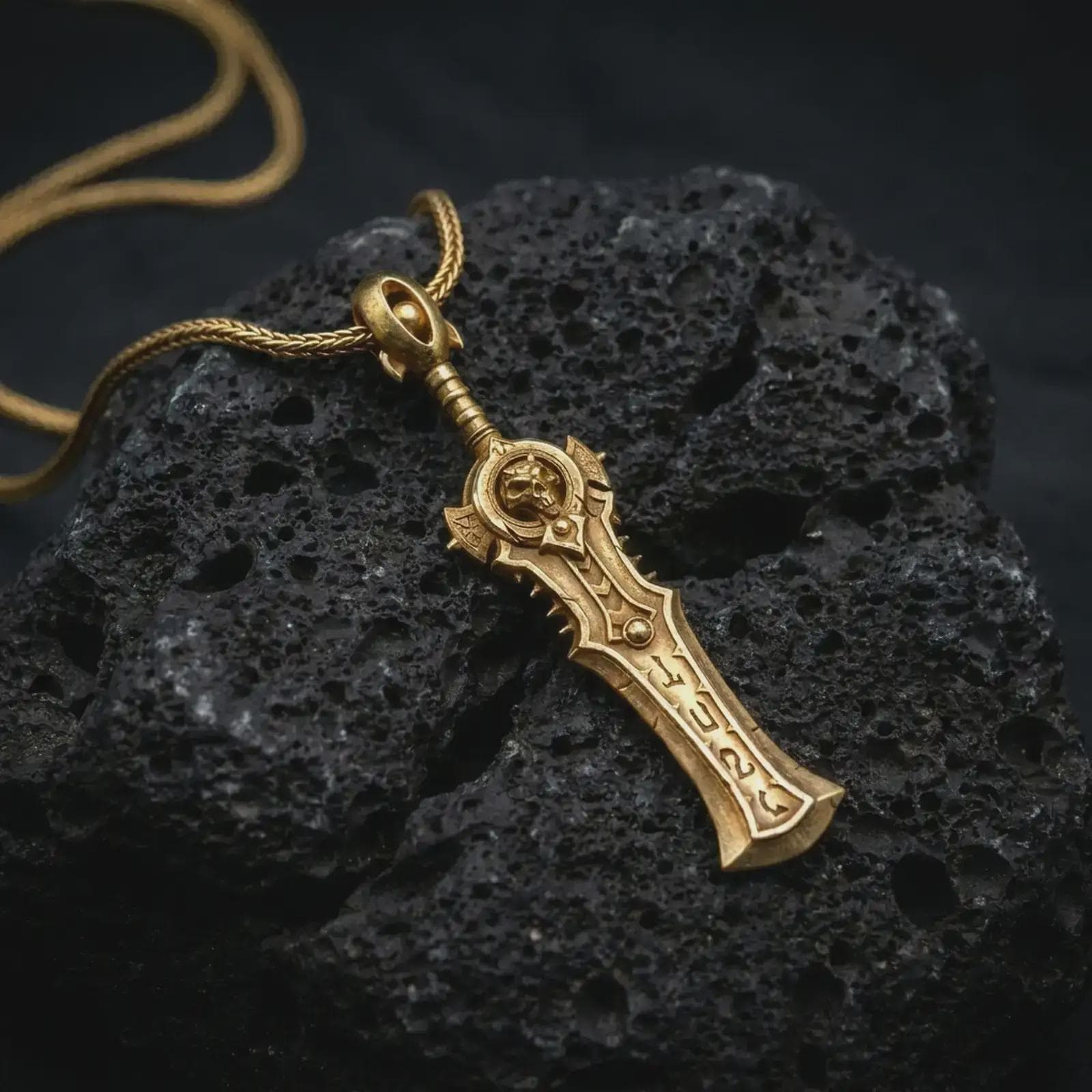 A gold plated demon slayer sword pendant lies on textured volcanic rock in a dramatic studio macro shot, highlighting the hell blade inspired weapon design.
