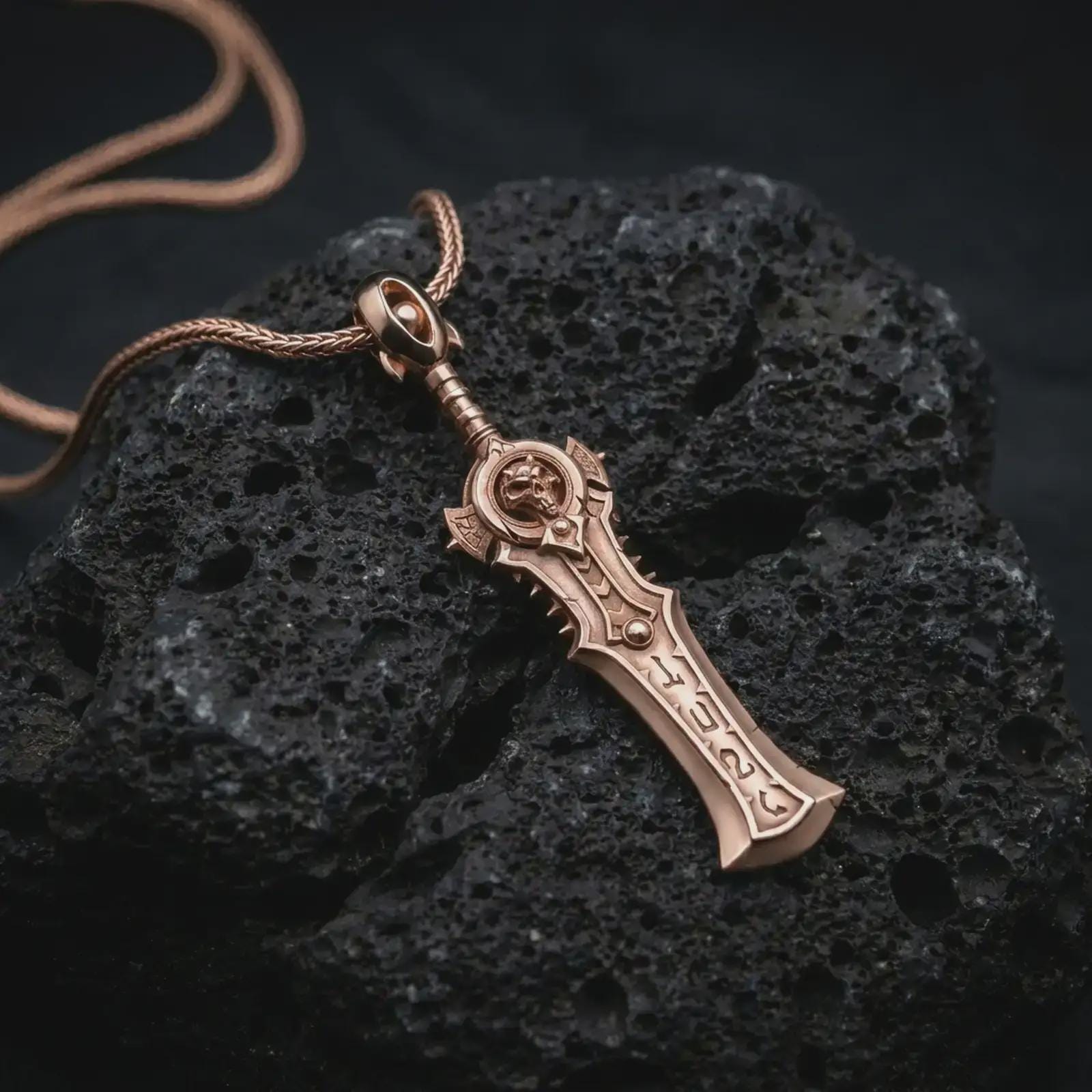 A rose gold plated demon slayer sword pendant is photographed on porous volcanic rock in a close-up studio composition with bold luxury lighting and detailed blade texture.