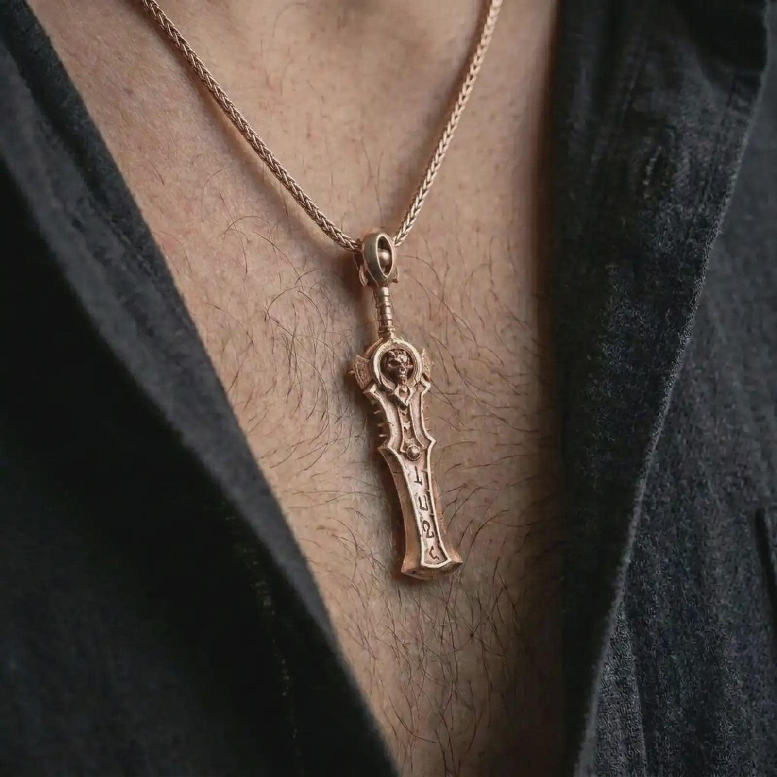 A rose gold plated demon slayer sword pendant is worn on the neck in a close-up lifestyle composition, highlighting its hell blade form and warrior amulet character.