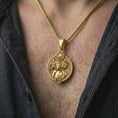 Load image into Gallery viewer, Gold plated Virgo zodiac pendant necklace worn on the chest, premium lifestyle jewelry photo with the Virgo woman pendant centered on a spiga chain.
