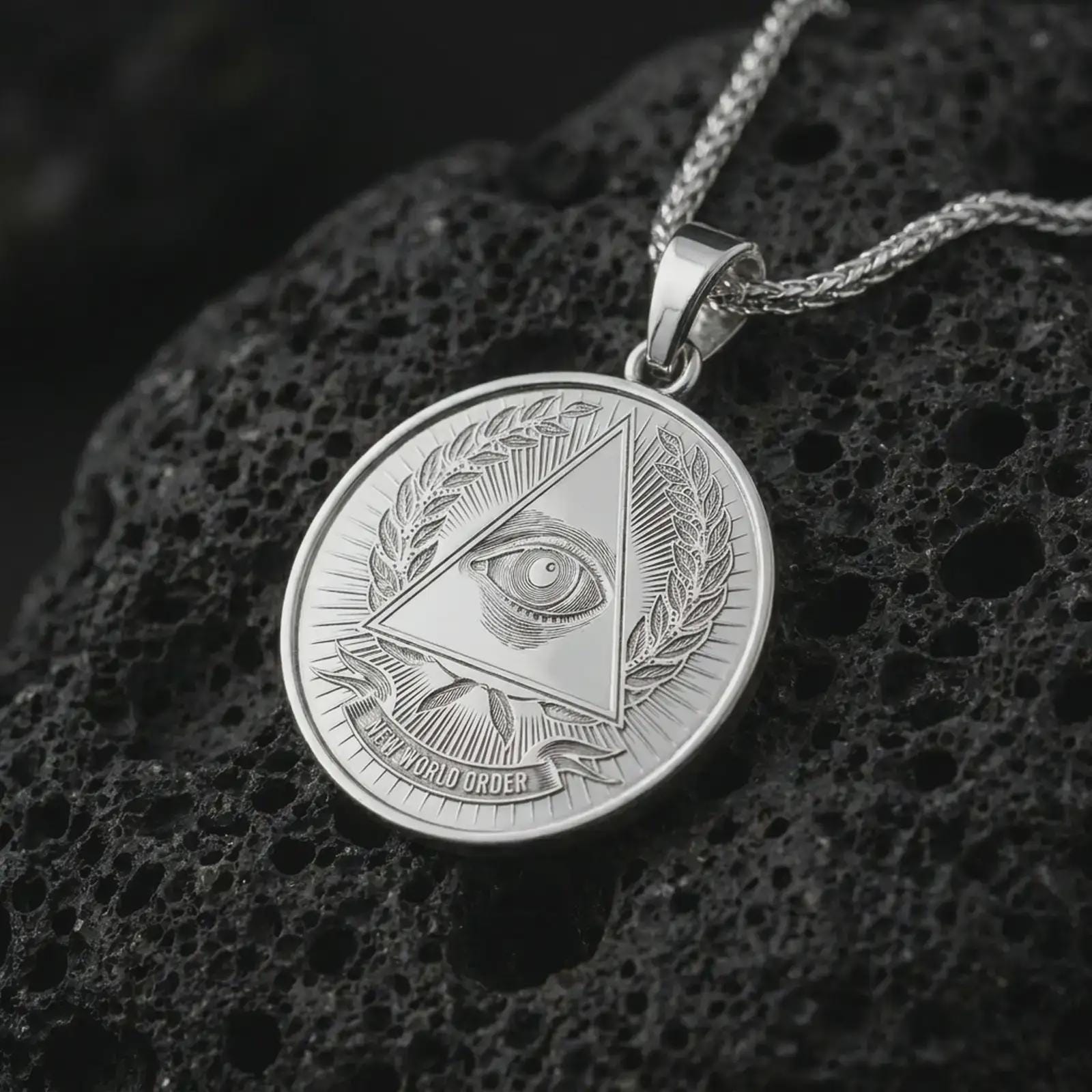 Polished silver all-seeing eye pendant necklace on textured volcanic rock, centered macro jewelry photo with detailed Illuminati-style engraving and bright silver highlights.