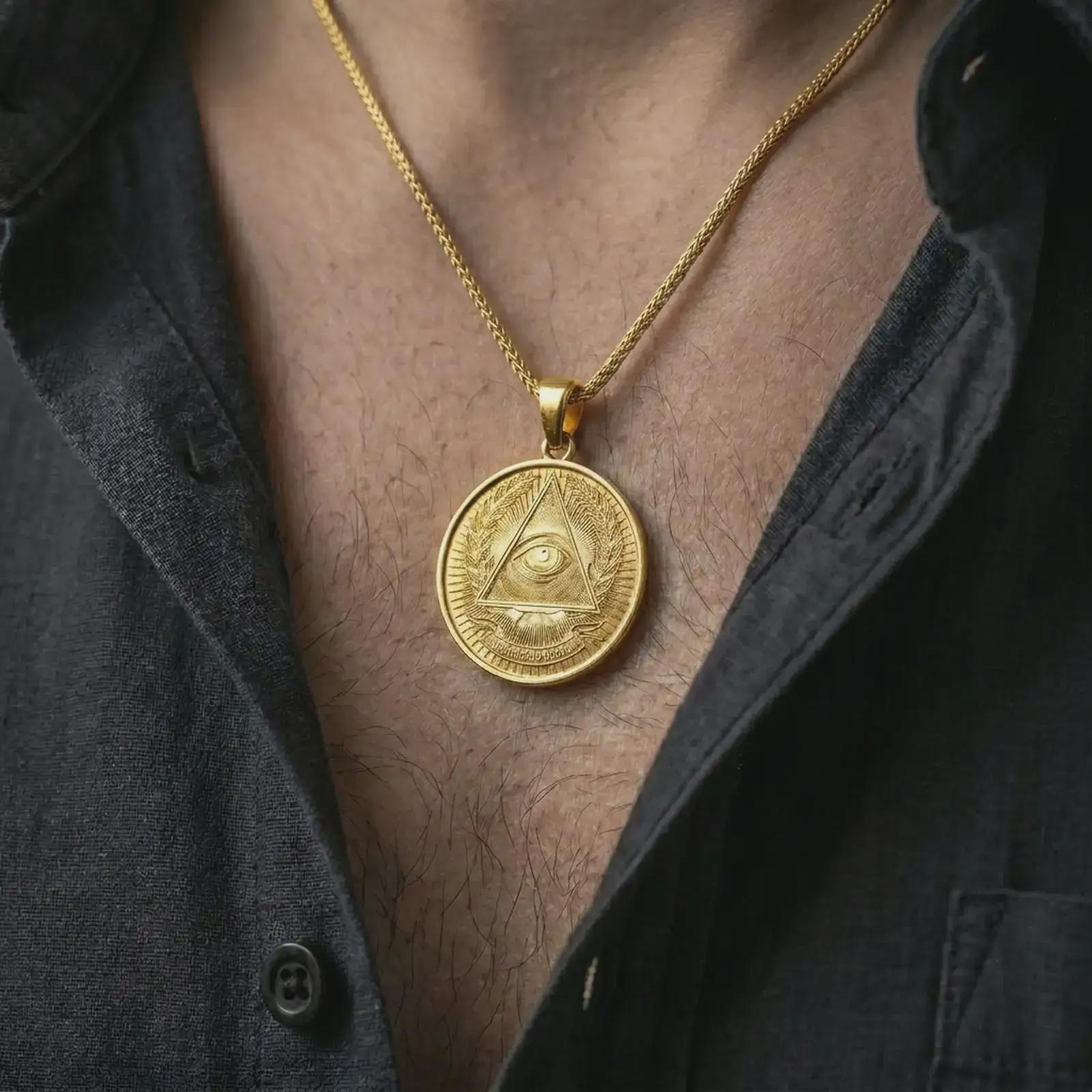 Gold plated all-seeing eye pendant necklace worn on the chest, premium lifestyle jewelry photo with the Illuminati-style pendant centered on a spiga chain.