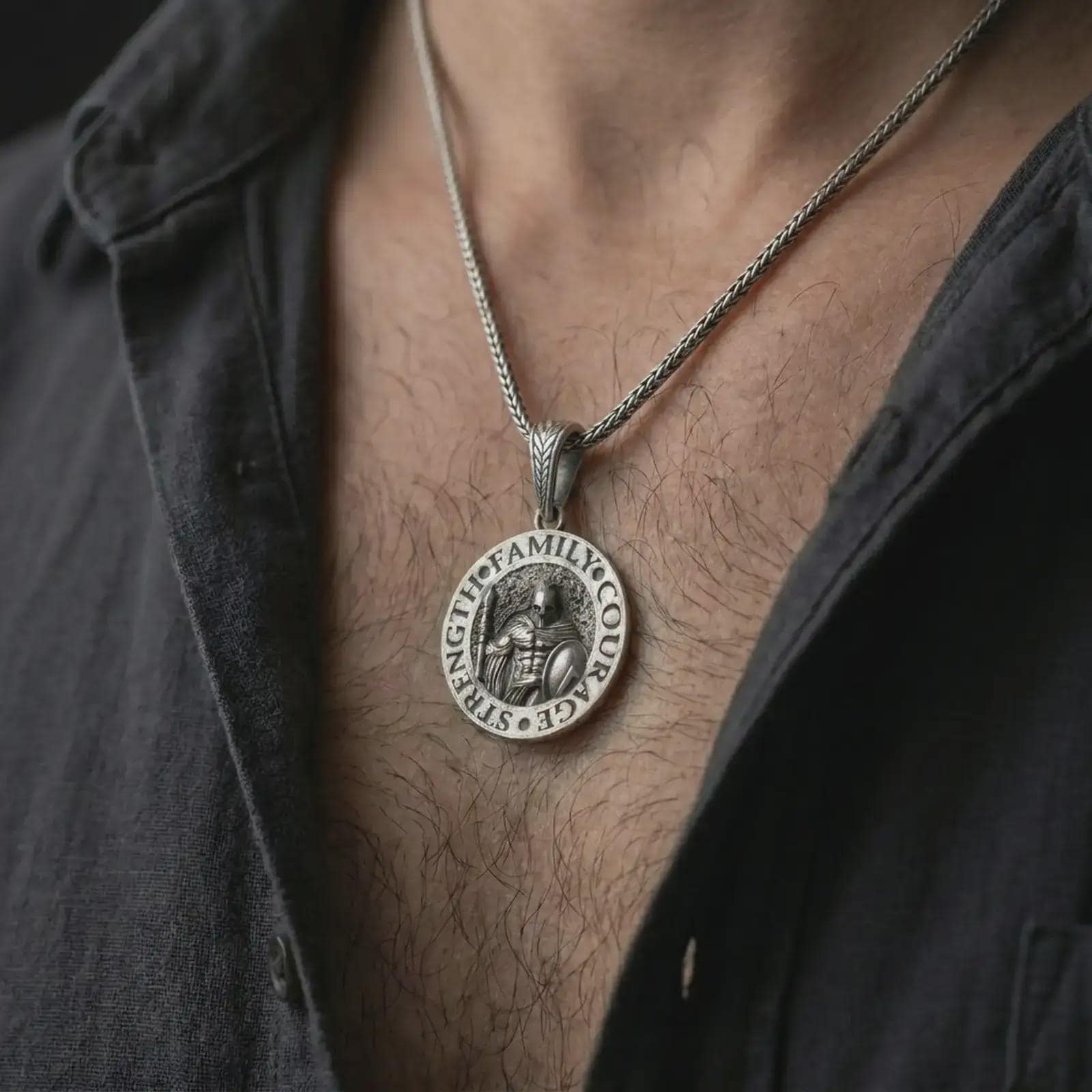 Oxidized Spartan warrior pendant necklace worn on the chest, close-up lifestyle jewelry photo showing the strength family courage medallion on a spiga chain with dark clothing.