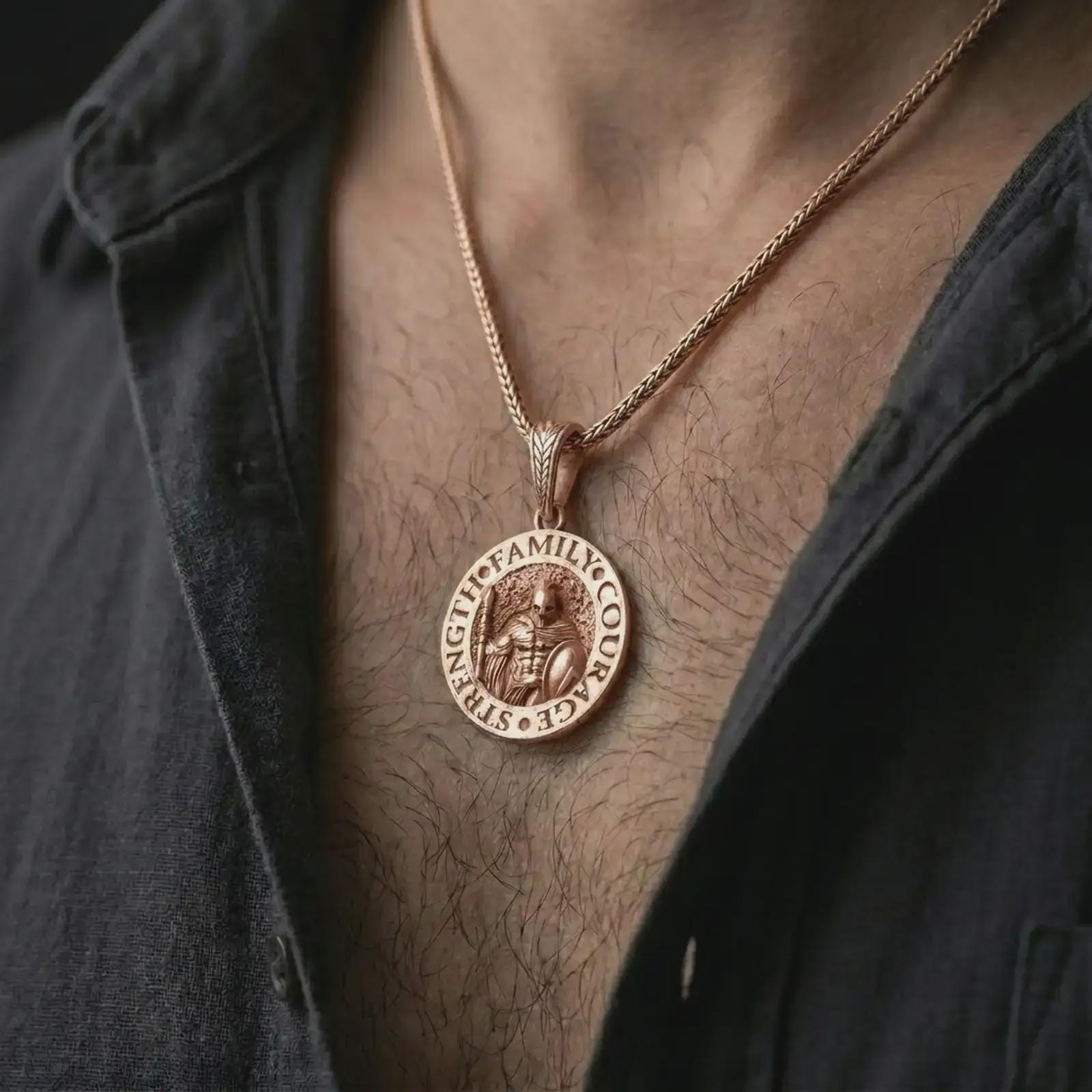 Rose gold plated Spartan warrior pendant necklace worn on the chest, close-up lifestyle shot featuring the strength family courage design with warm rose gold tones.