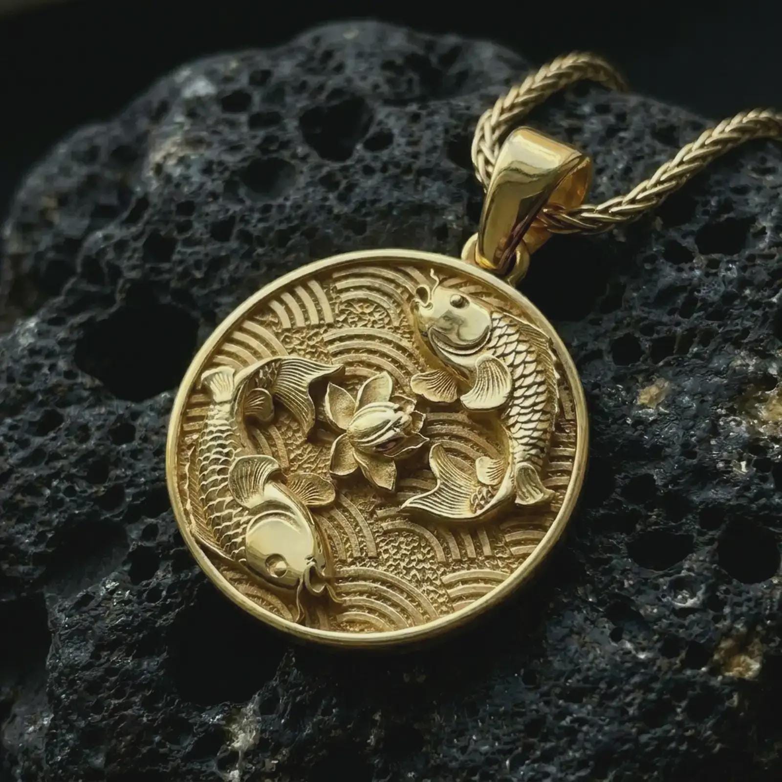 Gold plated koi fish lotus pendant necklace on textured volcanic rock, premium close-up studio composition emphasizing the yin yang koi design, lotus flower, and Japanese-inspired water motif.