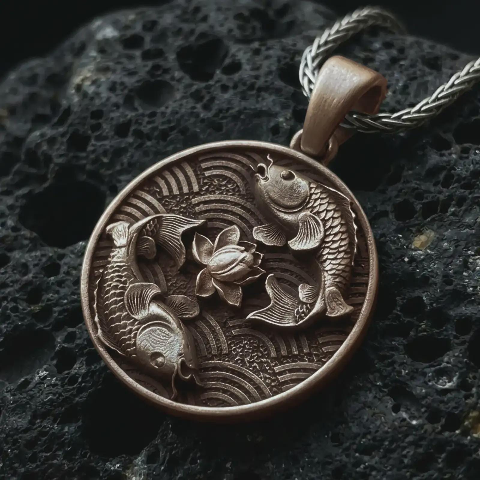 Bronze koi fish lotus pendant necklace on textured volcanic rock, close-up studio shot highlighting the twin koi relief, lotus flower center, wave pattern, and antique silver contrast.