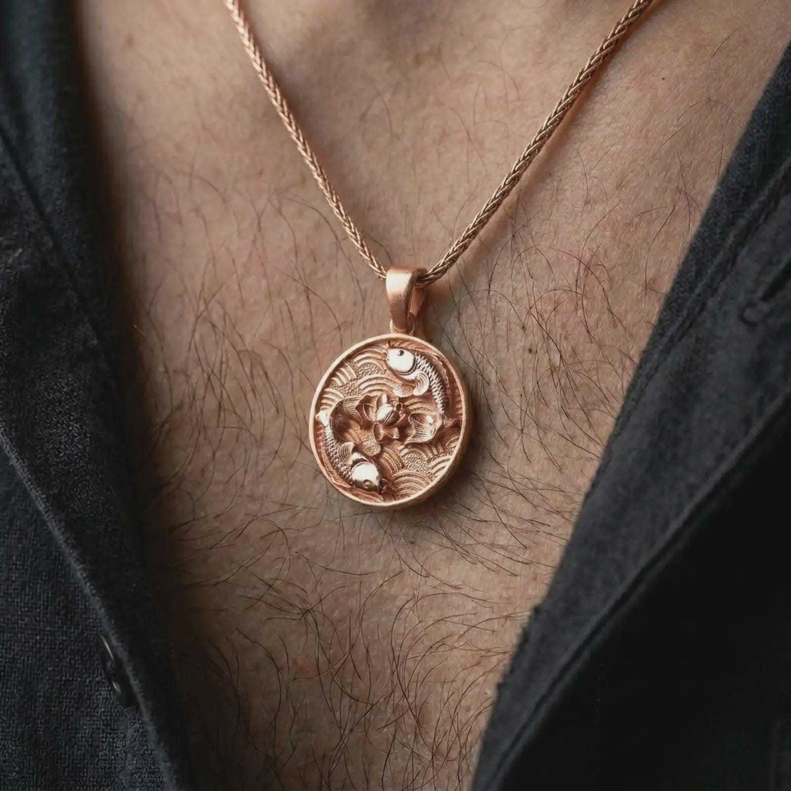 Rose gold plated koi fish lotus pendant necklace worn on the chest, close-up lifestyle shot featuring the peaceful yin yang koi design with warm rose gold tones.
