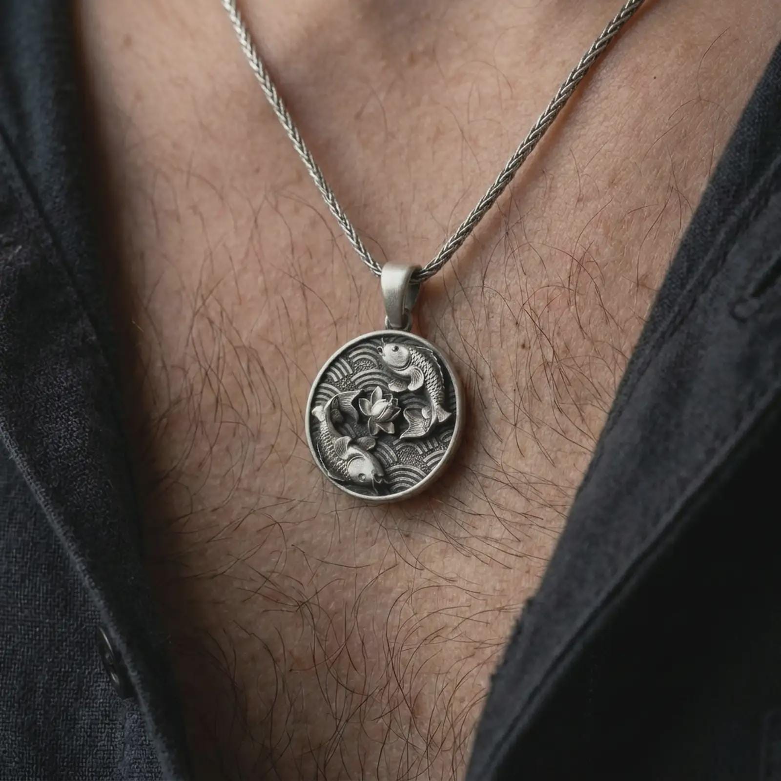 Oxidized koi fish lotus pendant necklace worn on the chest, close-up lifestyle jewelry photo showing the yin yang fish medallion on a spiga chain with dark clothing.
