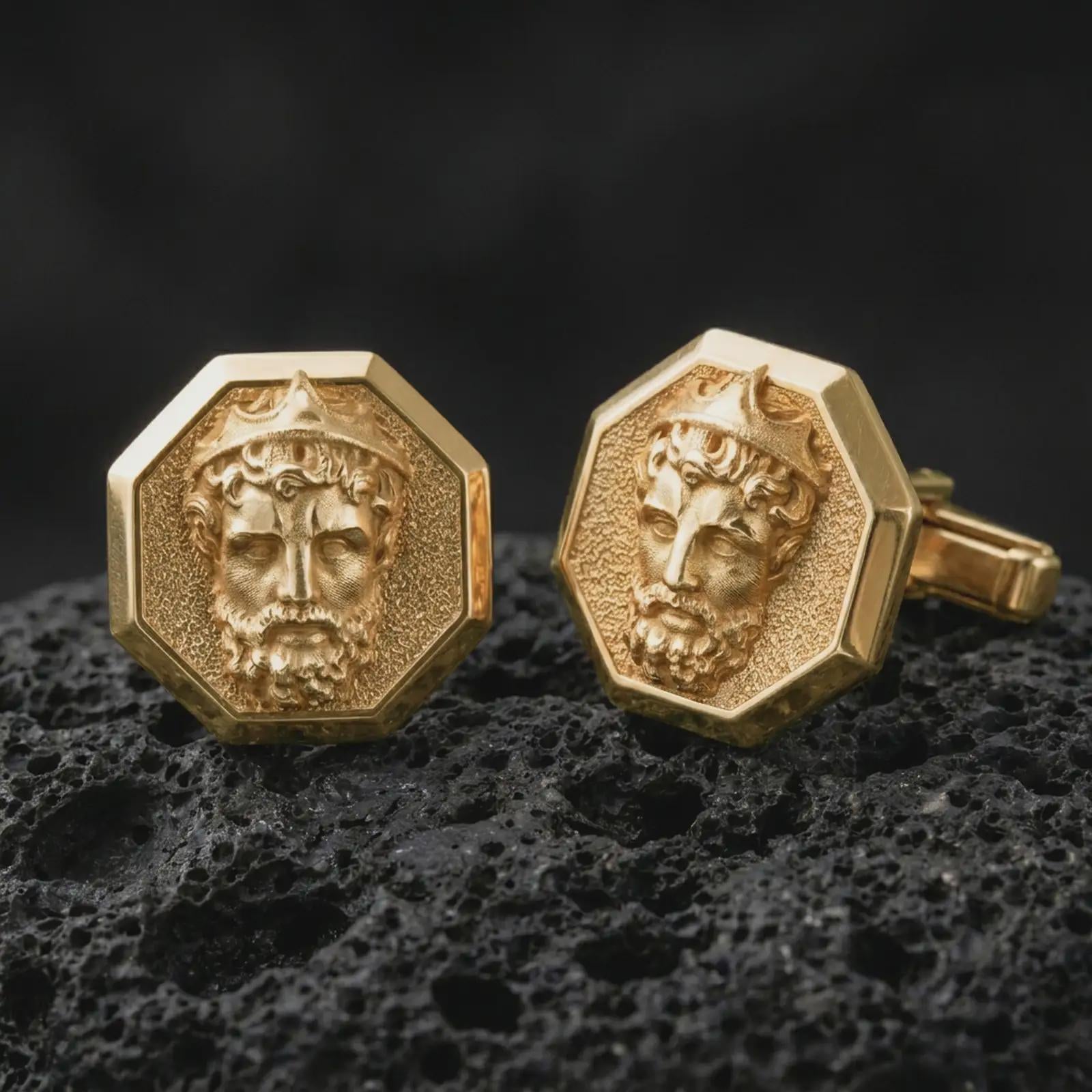 Gold plated Zeus cufflinks sit on textured volcanic rock in a dramatic studio macro shot, highlighting the crowned Greek god motif and formal accessory design.