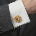 Load image into Gallery viewer, A gold plated ram head cufflink is worn on a white cuff in a close-up lifestyle shot, styled as a meaningful Aries gift for men.
