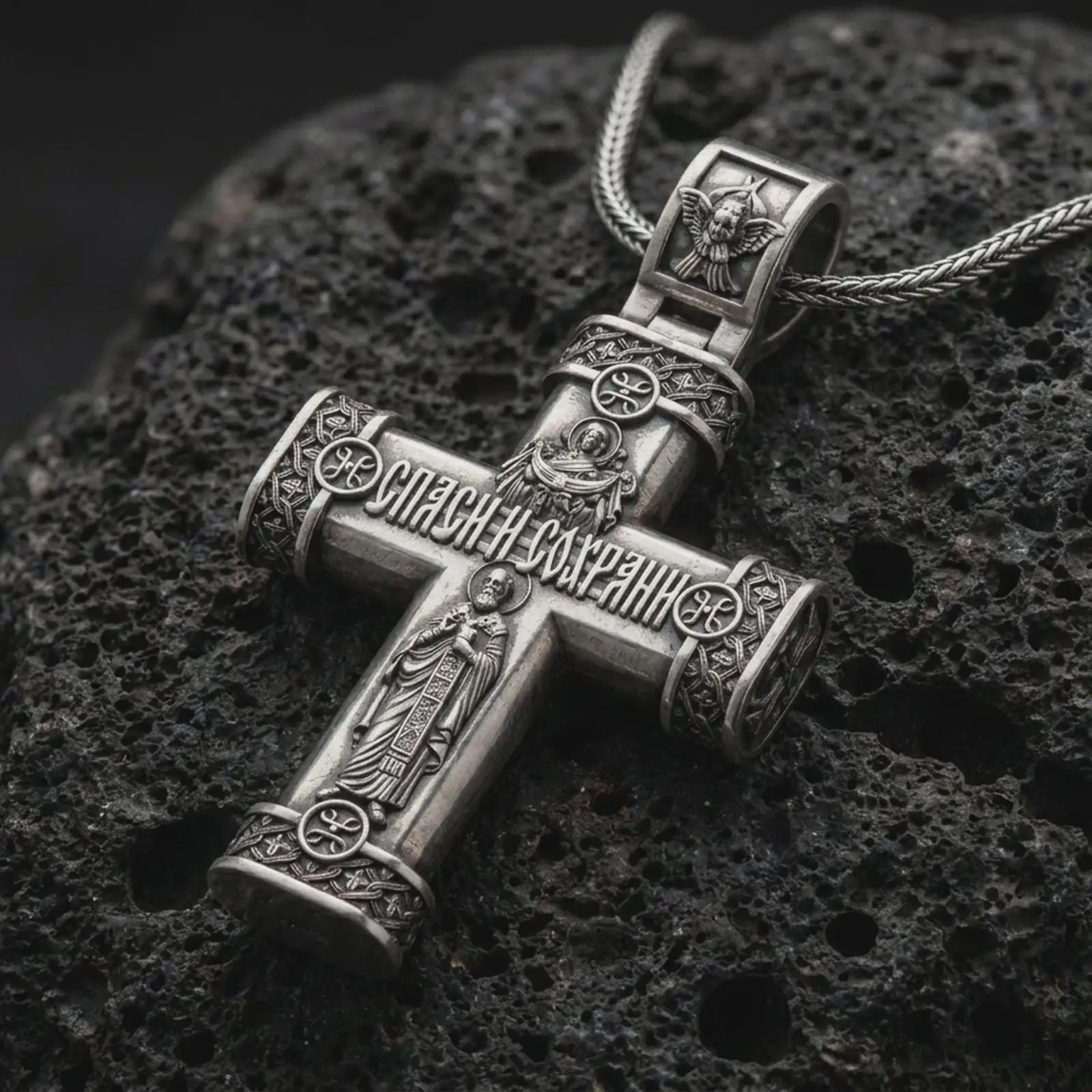 Oxidized crucifix cross pendant necklace on textured volcanic rock, close-up studio shot highlighting the Jesus figure, INRI plaque, ornate barrel ends, and antique silver contrast.