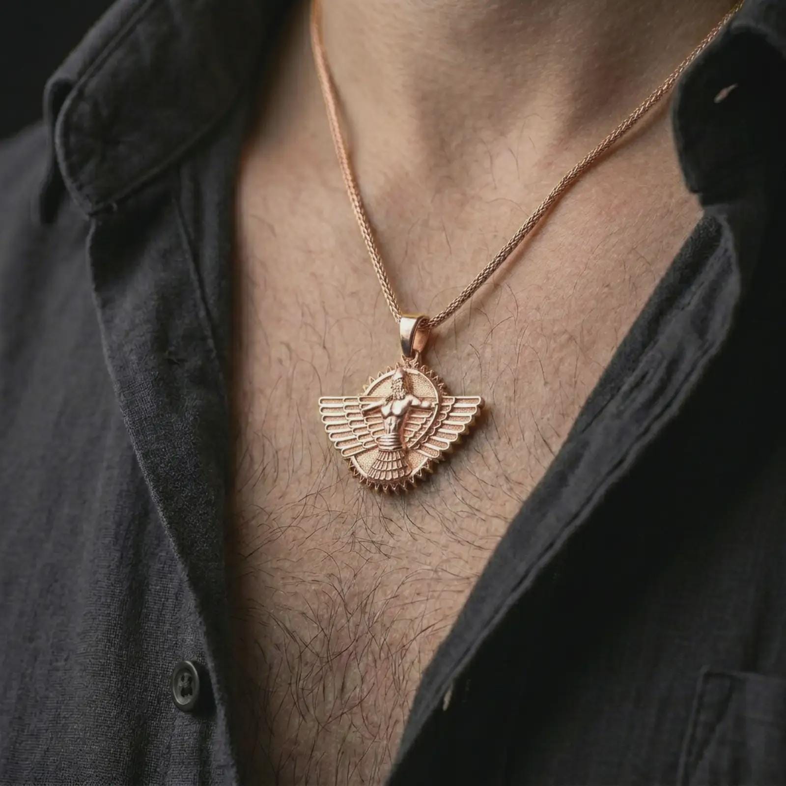 A rose gold plated Faravahar pendant is worn on the neck in a close-up lifestyle composition, highlighting its winged form and Zoroastrian-inspired symbolism.