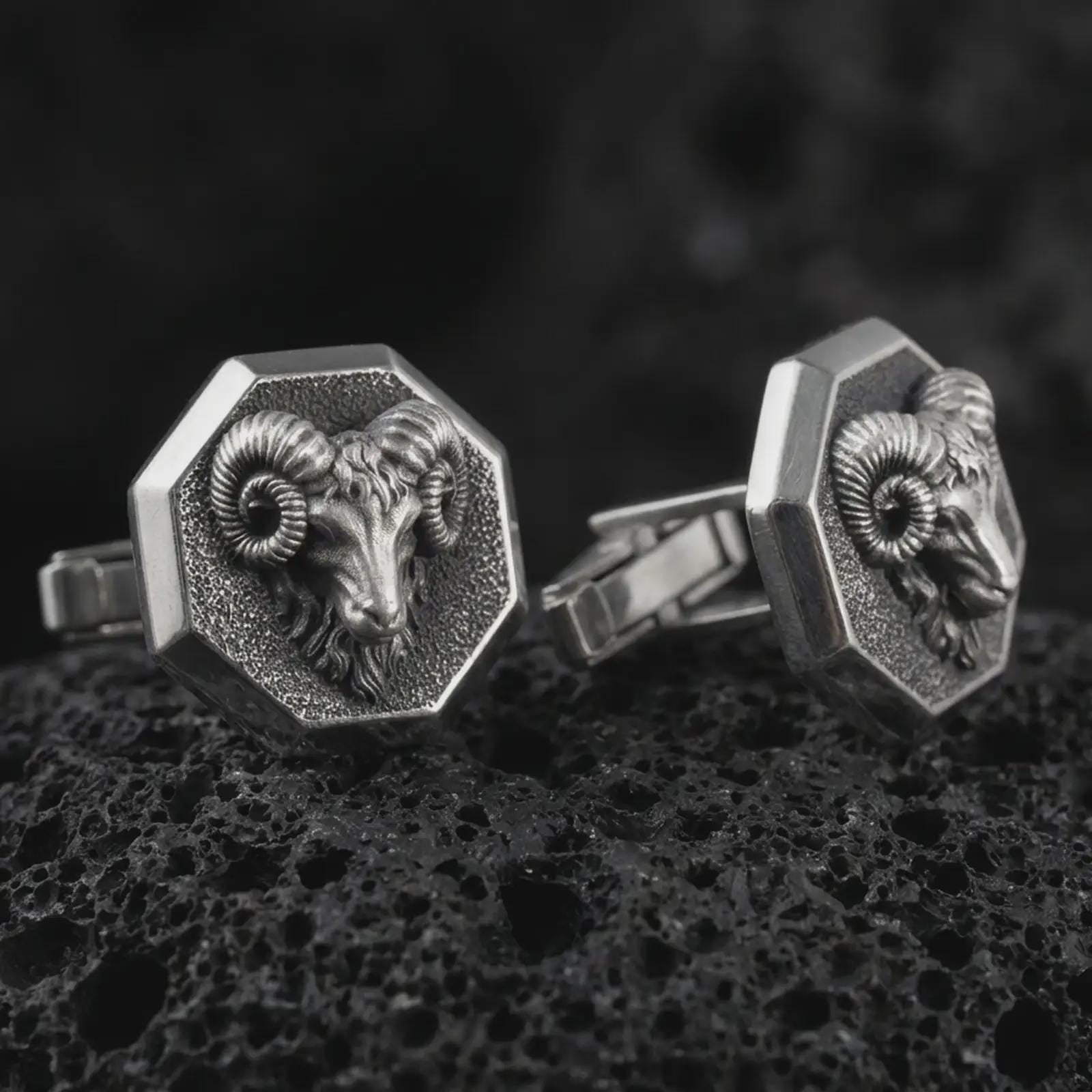 An oxidized ram head cufflink pair rests on dark volcanic rock in a macro studio close-up, showing sculpted curled horns and animal detail inside octagon frames.