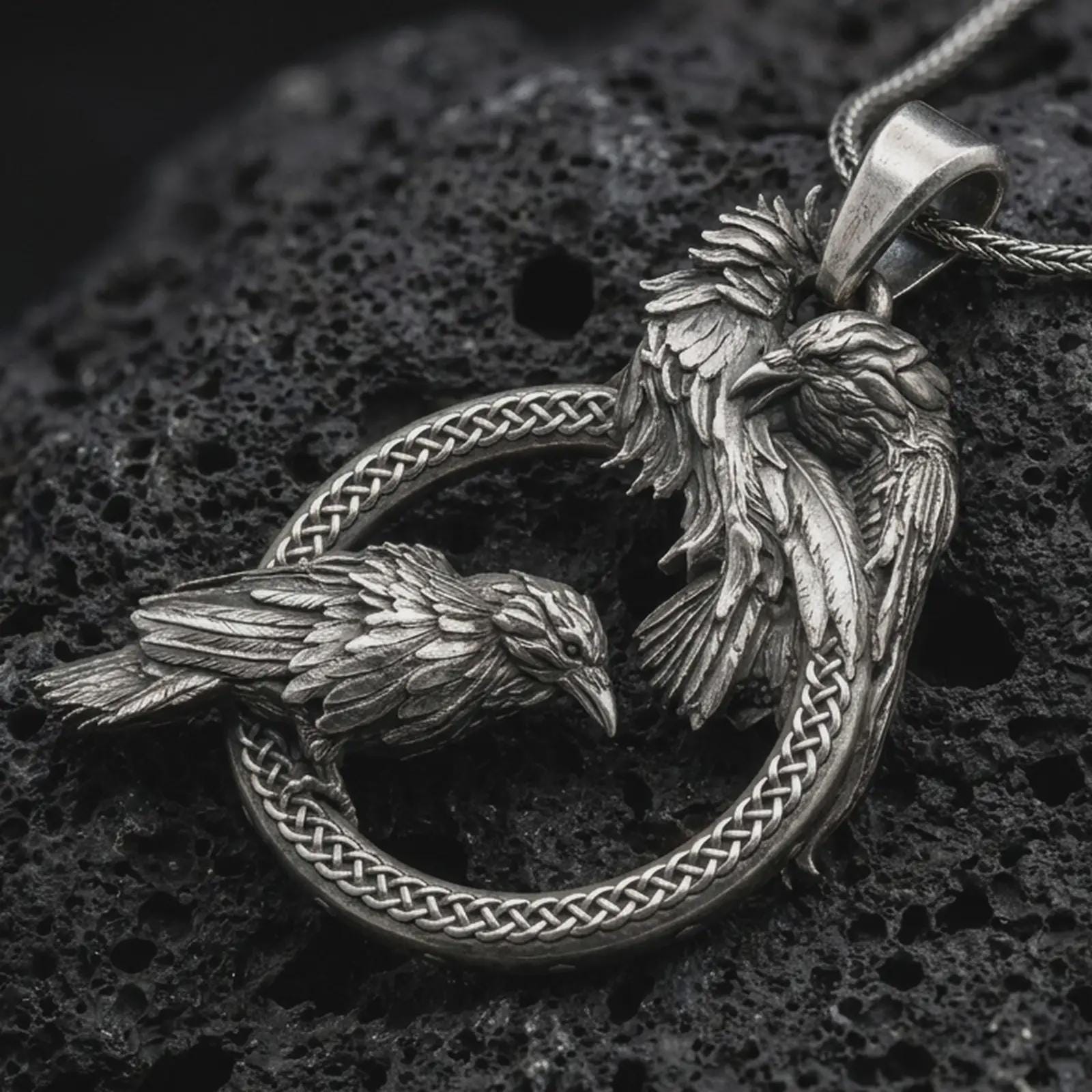 Oxidized Hugin and Munin ravens pendant necklace on textured volcanic rock, close-up studio shot highlighting Odin’s two ravens, braided circular frame, feather details, and antique silver contrast.