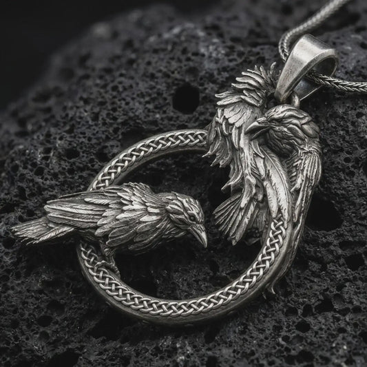 Oxidized Hugin and Munin ravens pendant necklace on textured volcanic rock, close-up studio shot highlighting Odin’s two ravens, braided circular frame, feather details, and antique silver contrast.