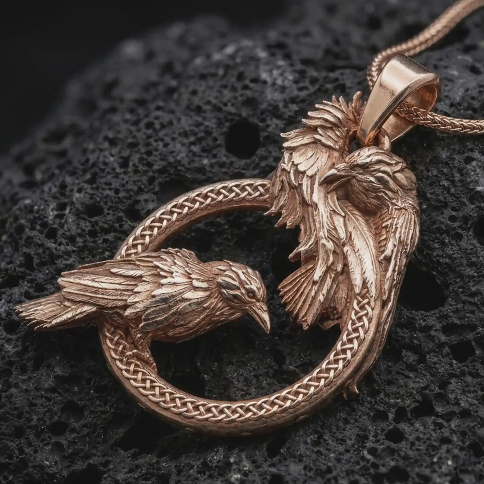 Rose gold plated Hugin and Munin ravens pendant necklace on textured volcanic rock, detailed macro product shot with soft warm reflections and symbolic Odin’s ravens styling.
