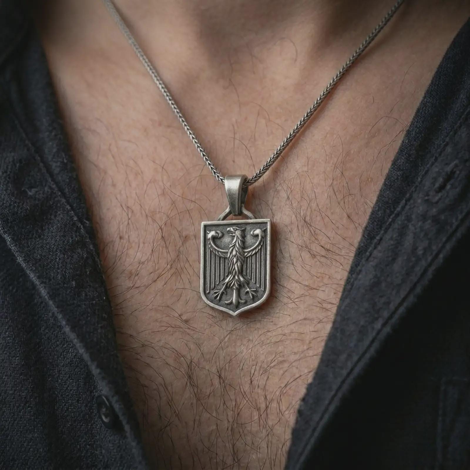 Oxidized German eagle shield pendant necklace worn on the chest, close-up lifestyle jewelry photo showing the heraldic eagle medallion on a spiga chain with dark clothing.