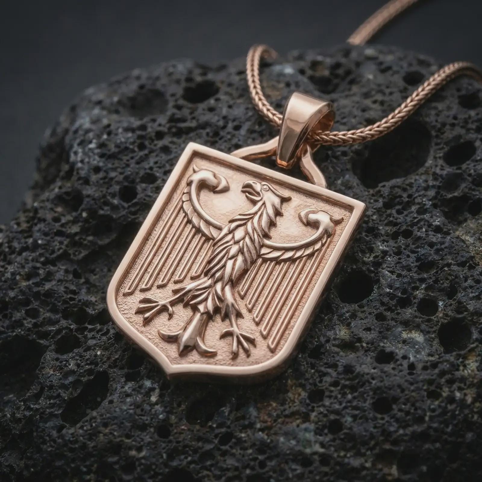 Rose gold plated German eagle shield pendant necklace on textured volcanic rock, detailed macro product shot with soft warm reflections and symbolic eagle crest styling.