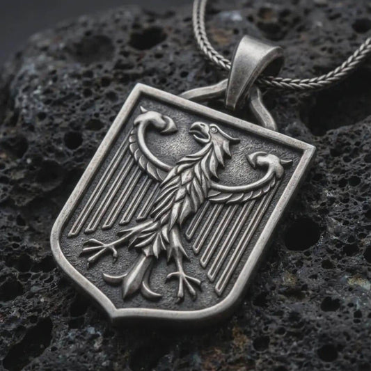 Oxidized German eagle shield pendant necklace on textured volcanic rock, close-up studio shot highlighting the heraldic eagle relief, shield frame, feather details, and antique silver contrast.
