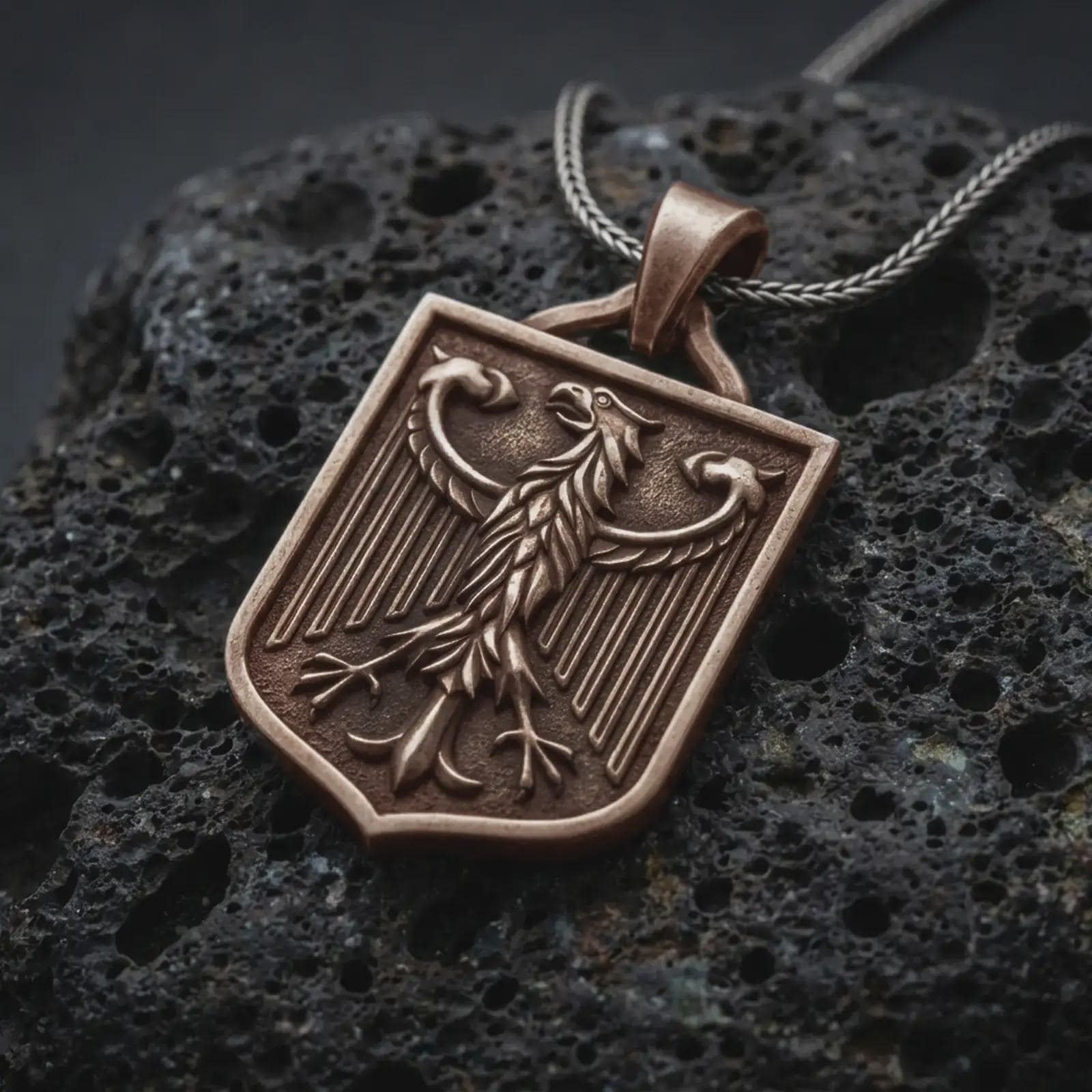 Bronze German eagle shield pendant necklace on textured volcanic rock, close-up studio shot highlighting the heraldic eagle relief, shield frame, feather details, and antique silver contrast.