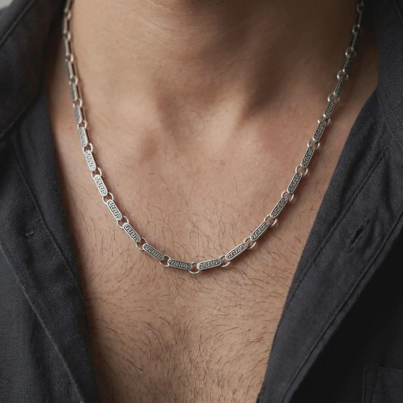 Oxidized Greek key chain worn close to the neck on a male model, styled as a standalone symbolic silver necklace with a historic masculine look.
