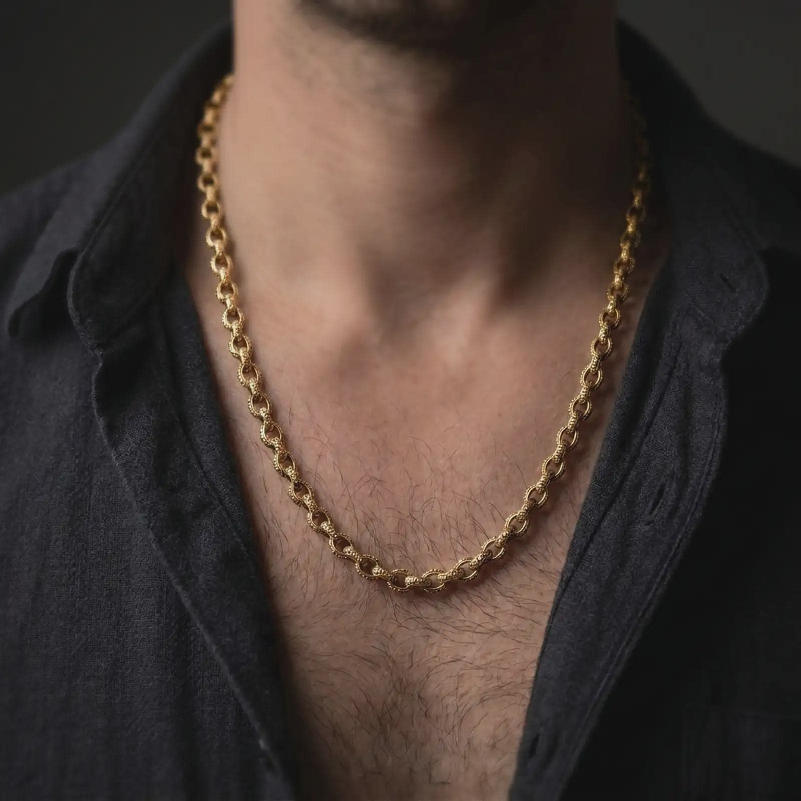 Gold plated ornamental chain necklace worn on a male model, presenting a warm vintage look with decorative repeating links.