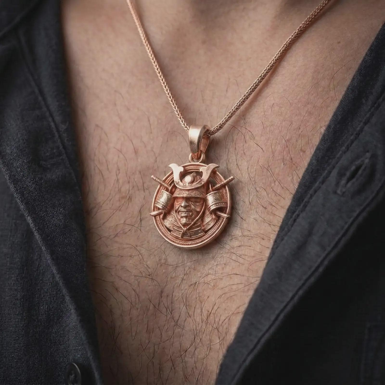The rose gold plated samurai warrior pendant is worn on a man’s chest, showcasing the kabuto helmet, protective face mask, weapon details, and ornamental round frame in an elegant lifestyle shot.