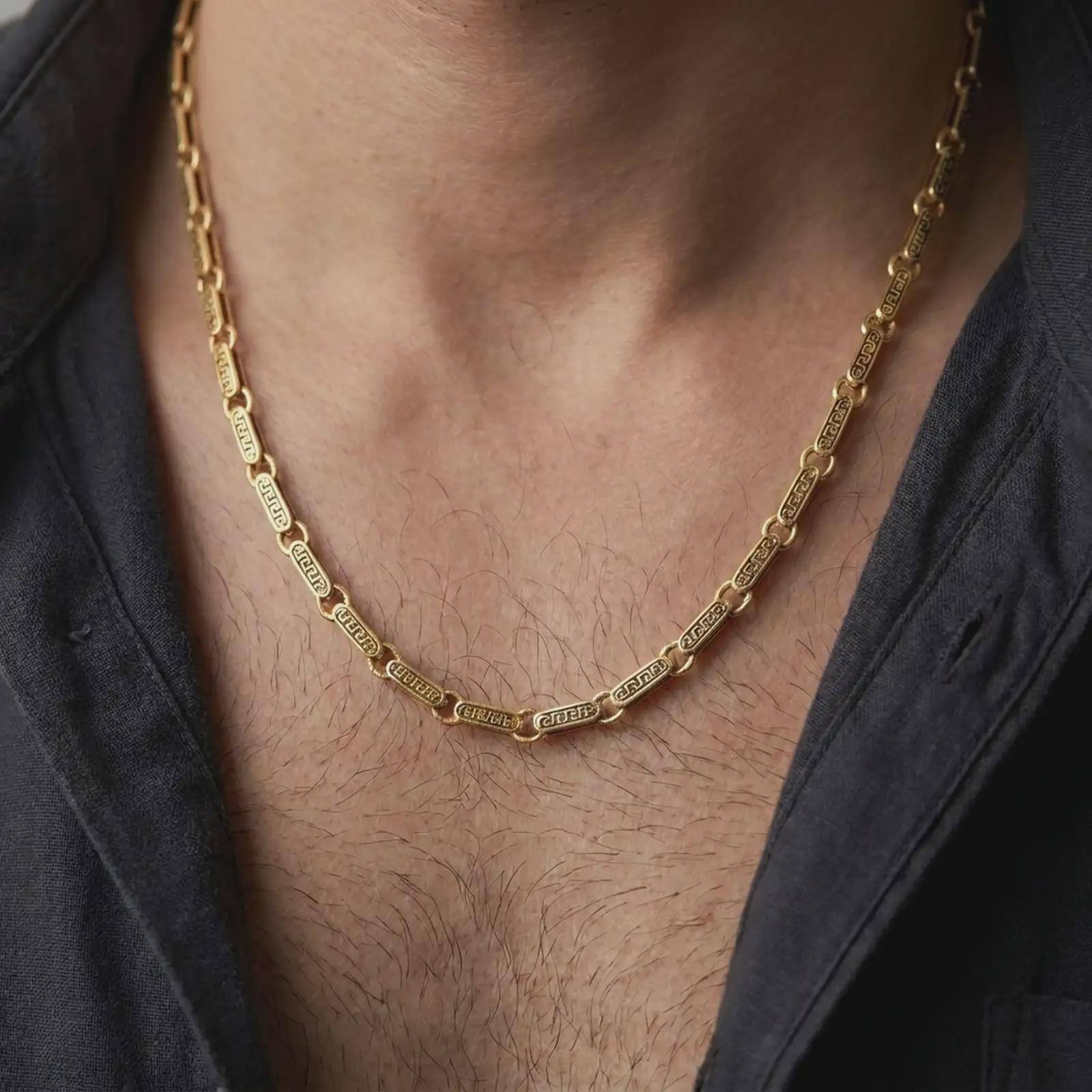 Gold plated Greek key chain worn in a close-up lifestyle composition, presenting the meander pattern as a bold classical statement necklace.