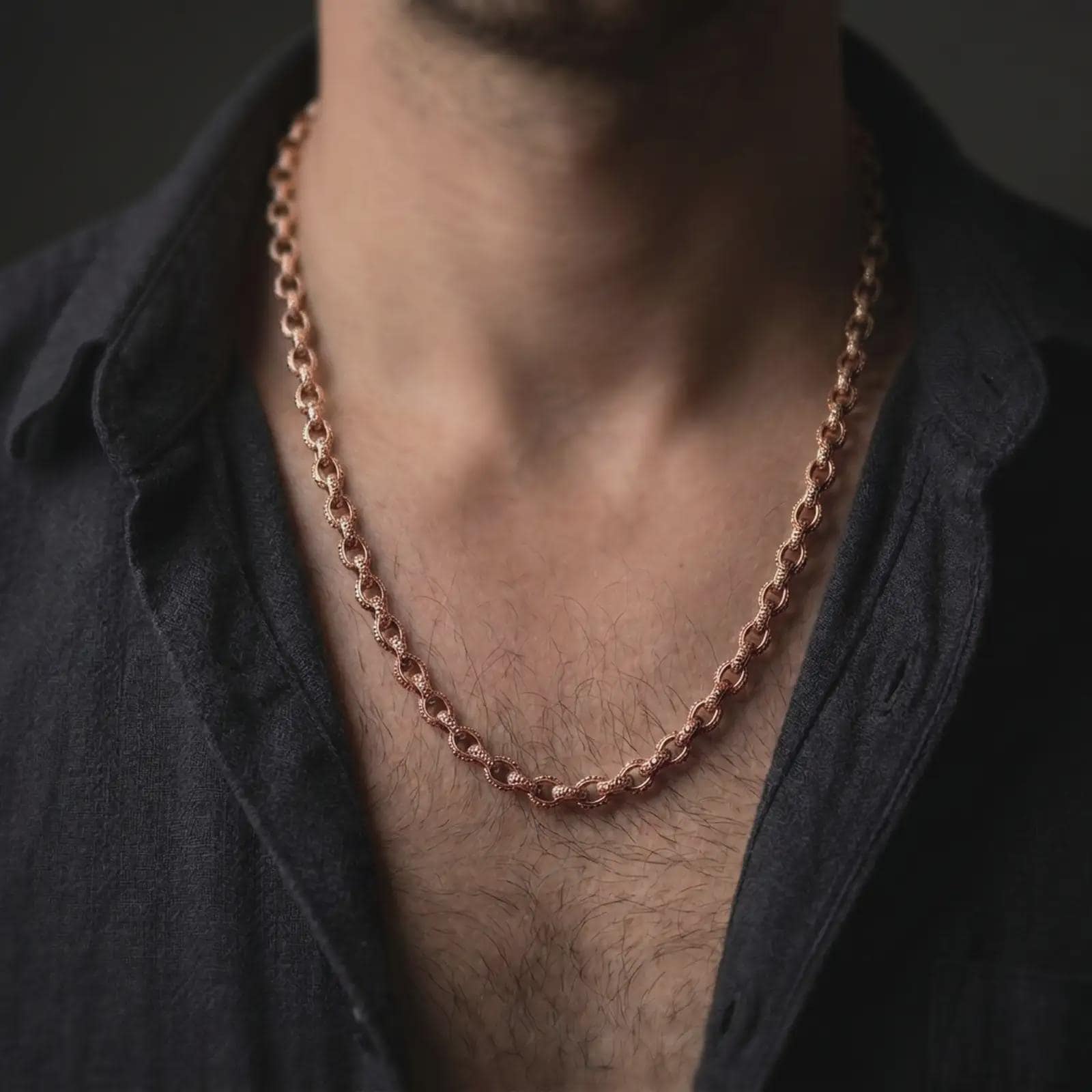 Rose gold plated ornamental link chain worn around the neck, showing its textured surface and distinctive old-world jewelry style.