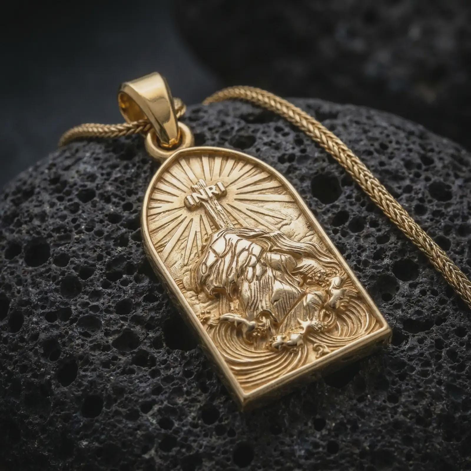 A gold plated Jesus carrying the cross pendant lies on black volcanic rock, featuring Christ kneeling beneath the cross with radiant lines and intricate devotional details in a luxury macro studio close-up.