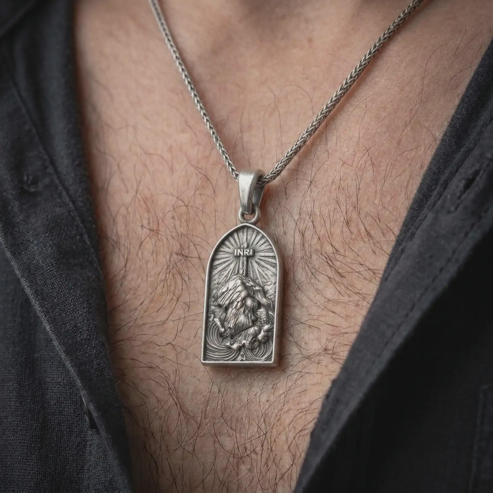 An oxidized Jesus carrying the cross pendant is worn on a man’s neck, displaying the dark recessed relief, INRI inscription, and detailed kneeling figure in a masculine lifestyle close-up.