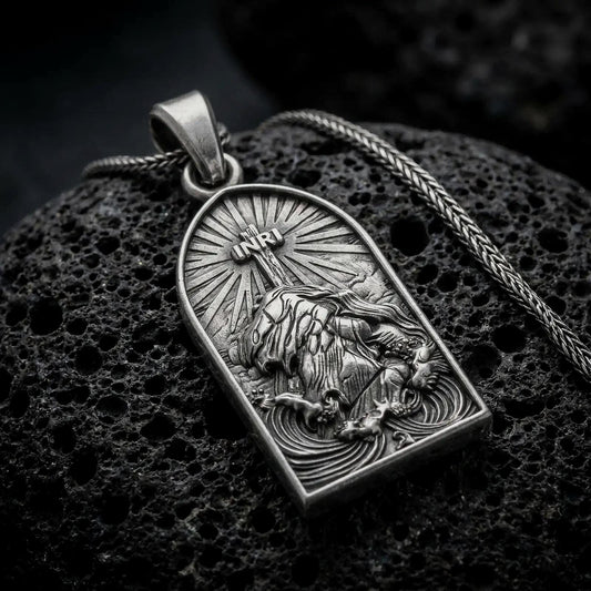 An oxidized Jesus carrying the cross pendant rests on dark volcanic rock, showing the INRI inscription, radiant background, kneeling figure, and sculpted religious details in a macro studio close-up.