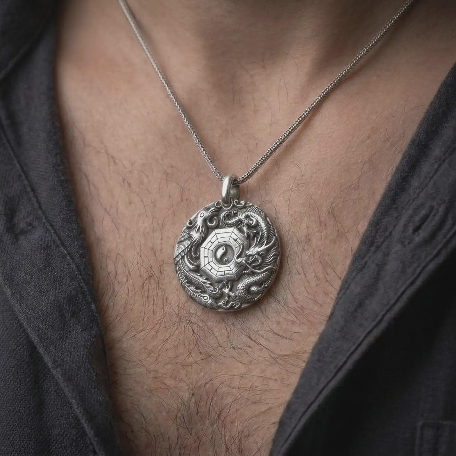 The polished silver Yin Yang dragon and phoenix necklace is worn on a man’s chest, with the detailed scales, flowing feathers, cloud patterns, and round symbolic medallion clearly visible in a premium lifestyle photograph.