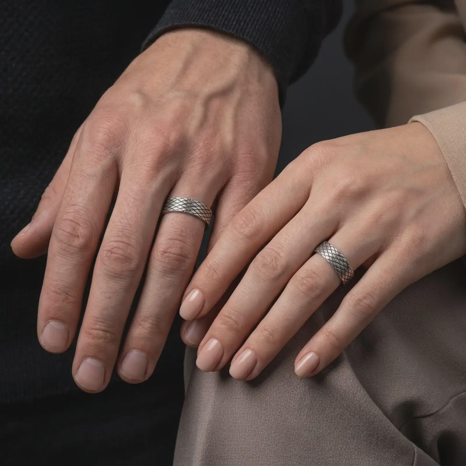 An oxidized geometric lattice ring is worn on a man’s and woman’s fingers, displaying the dark recessed crosshatch lines as a coordinated matching couple design in a close-up lifestyle shot.