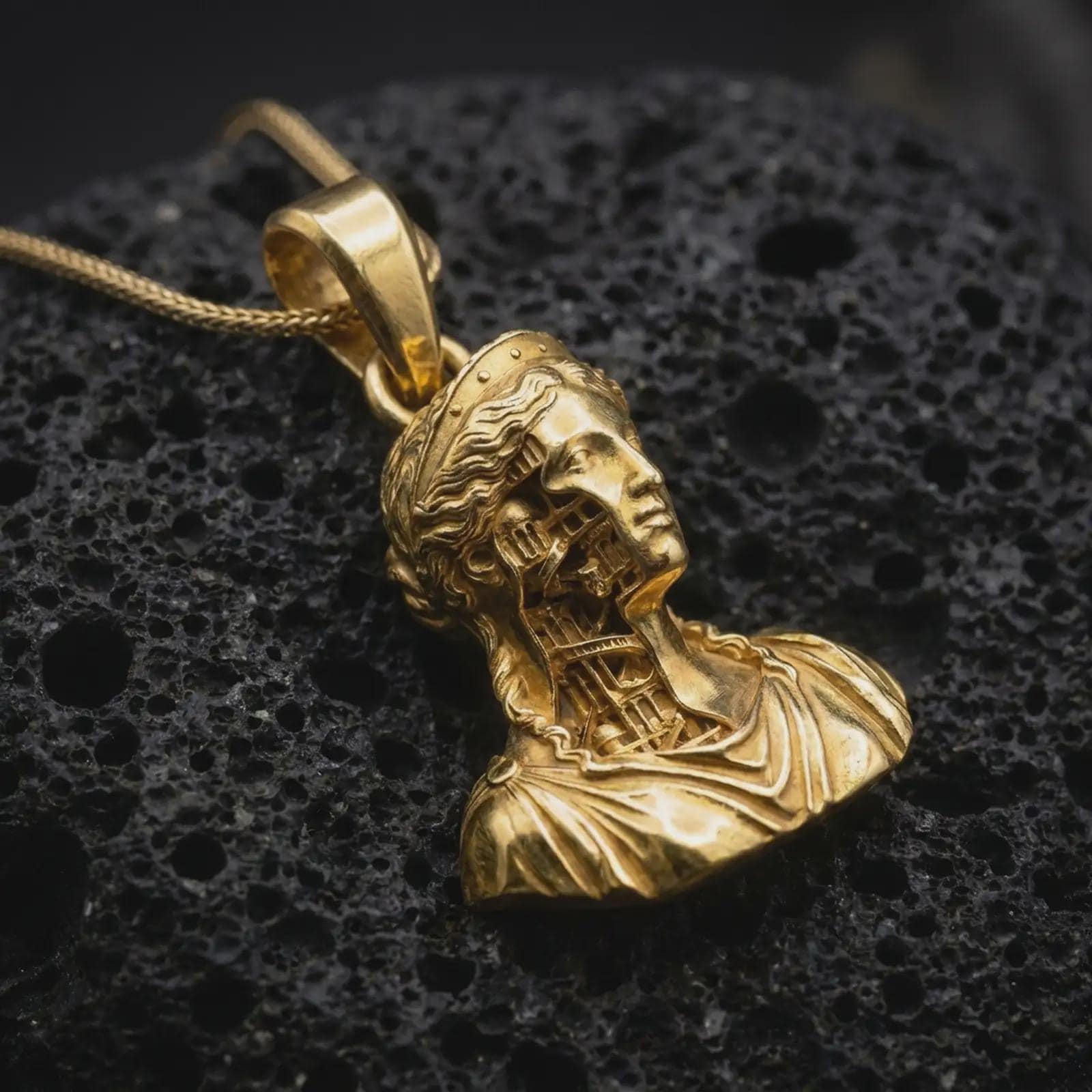 Gold plated architectural bust pendant on volcanic rock in dark macro studio close-up