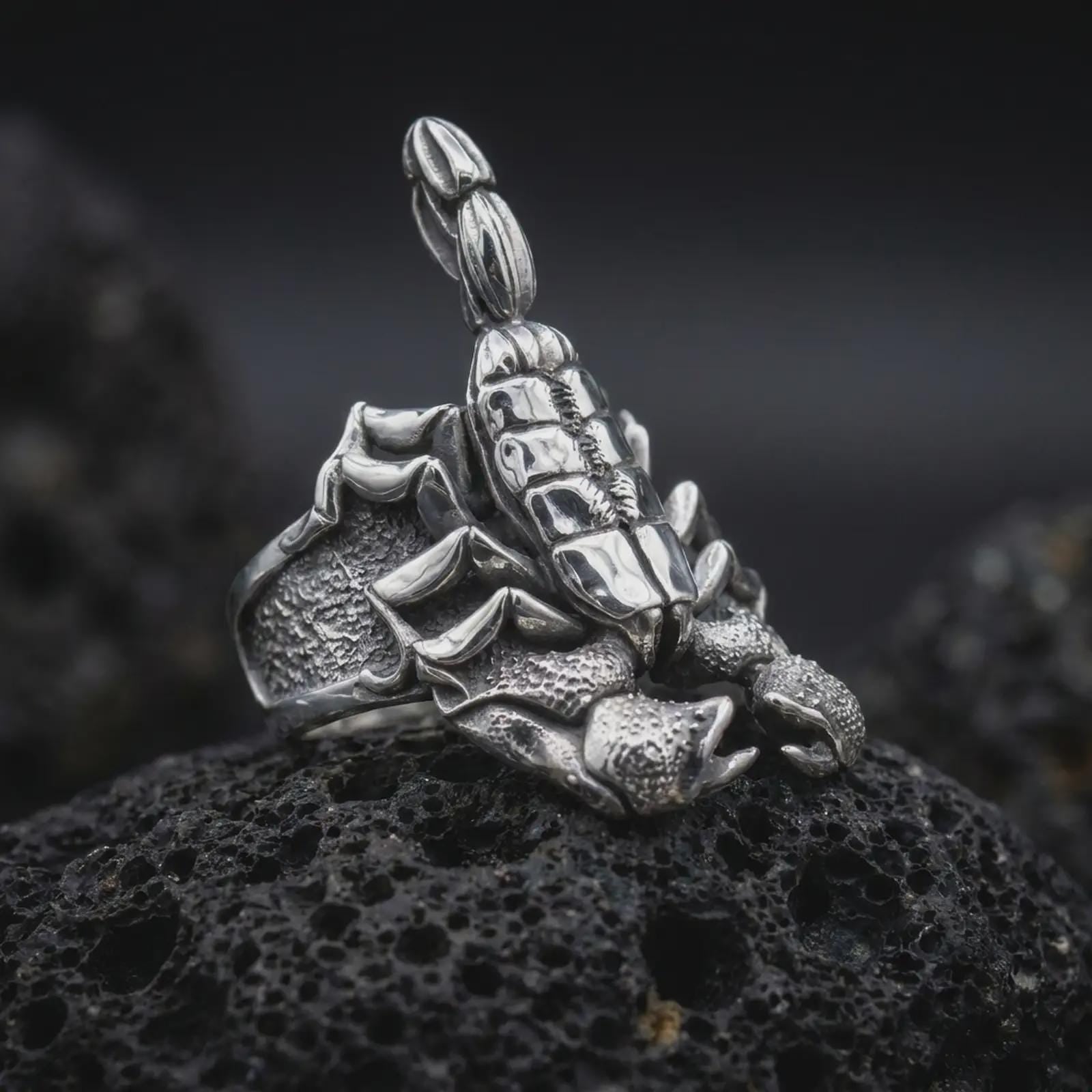 The polished silver scorpion ring is displayed on textured black volcanic rock, highlighting the dimensional arachnid body, pointed claws, raised tail, and sculpted side details in a premium macro photograph.