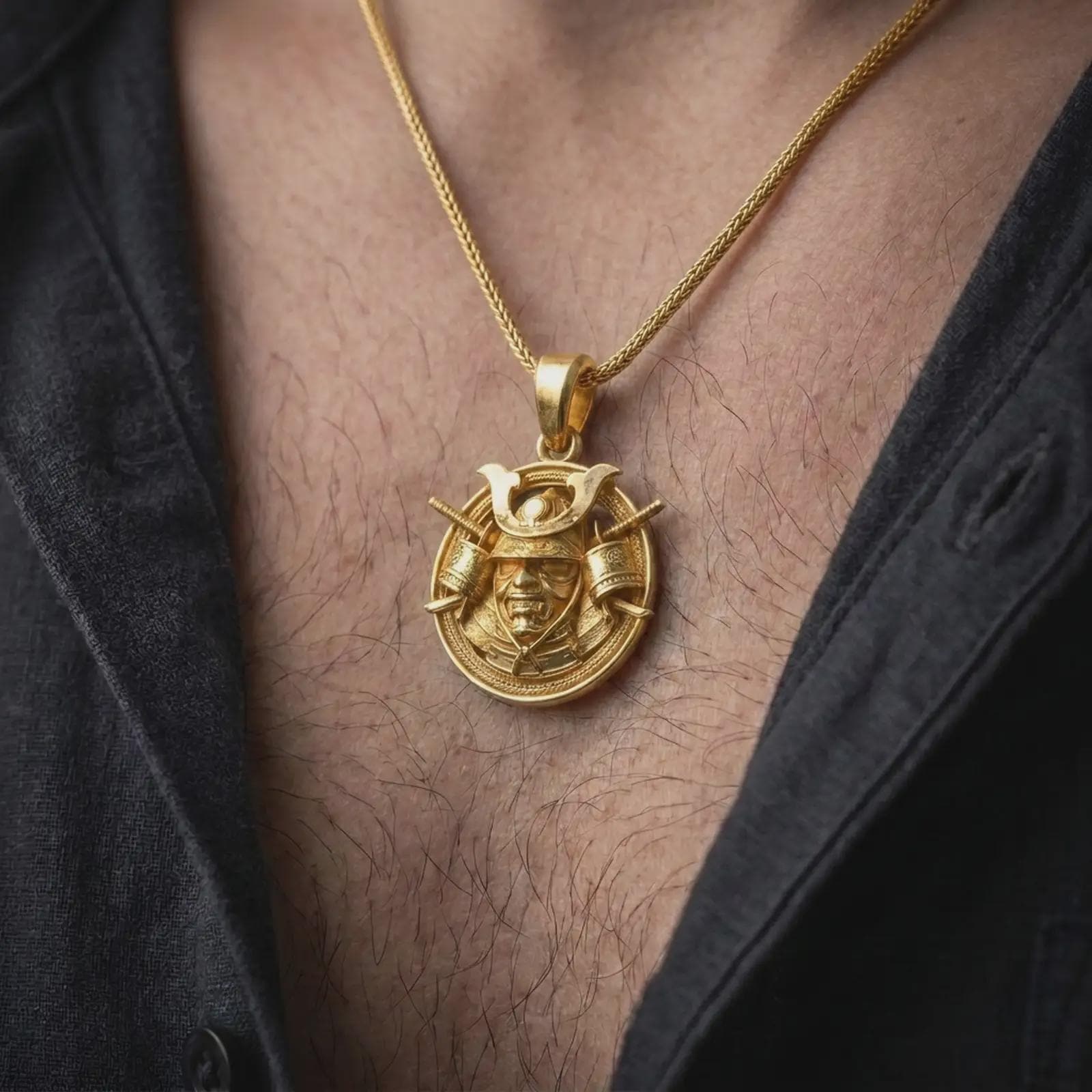 A gold plated Bushido samurai pendant is worn on a man’s neck with dark clothing, highlighting the bold warrior design and intricate Japanese armor details in a refined masculine close-up.