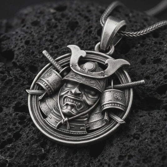 A detailed samurai warrior pendant with an oxidized finish rests on black volcanic rock, showing the kabuto helmet, armored face mask, crossed swords, and circular rope border in a macro studio close-up.