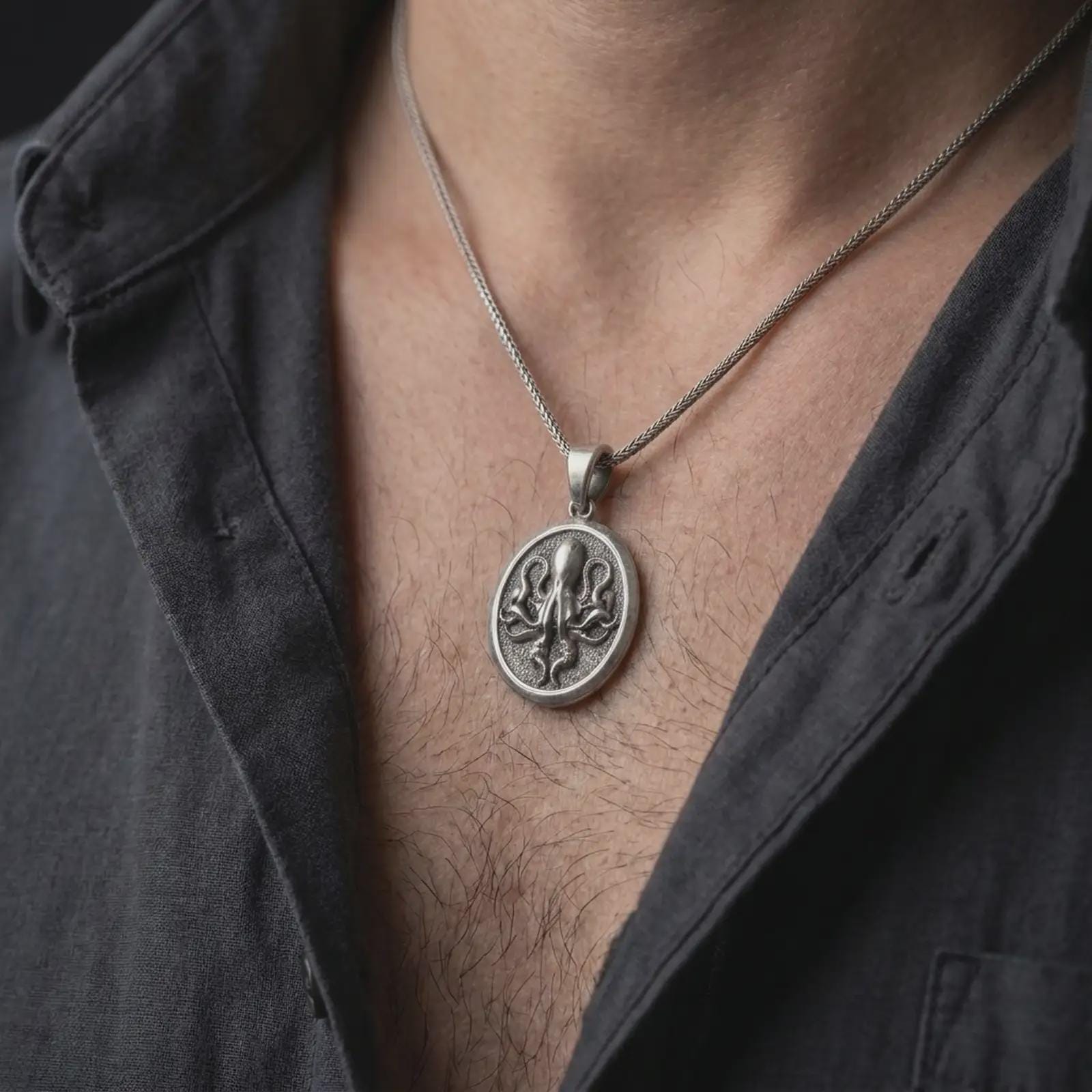 An oxidized octopus pendant is worn on a man’s neck, displaying the dark recessed texture, raised sea creature motif, and flowing tentacle details in a masculine lifestyle close-up.