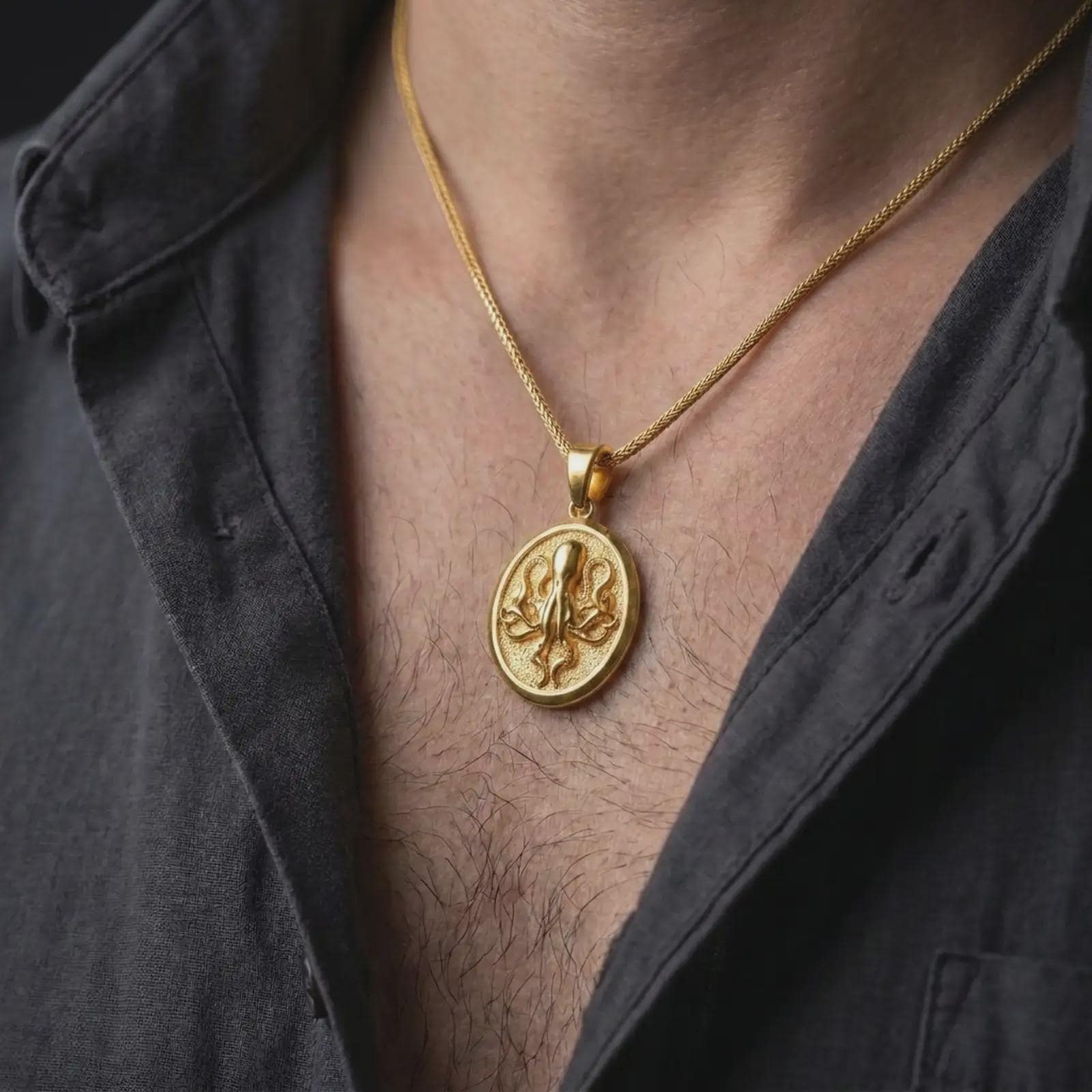 A gold plated octopus pendant is worn on a man’s neck with dark clothing, highlighting the bold kraken-inspired relief and nautical statement style in a refined close-up lifestyle shot.