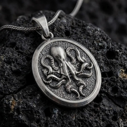 An oxidized sterling silver octopus pendant rests on dark volcanic rock, showing raised tentacles, detailed suction cups, and a textured round medallion background in a macro studio close-up.