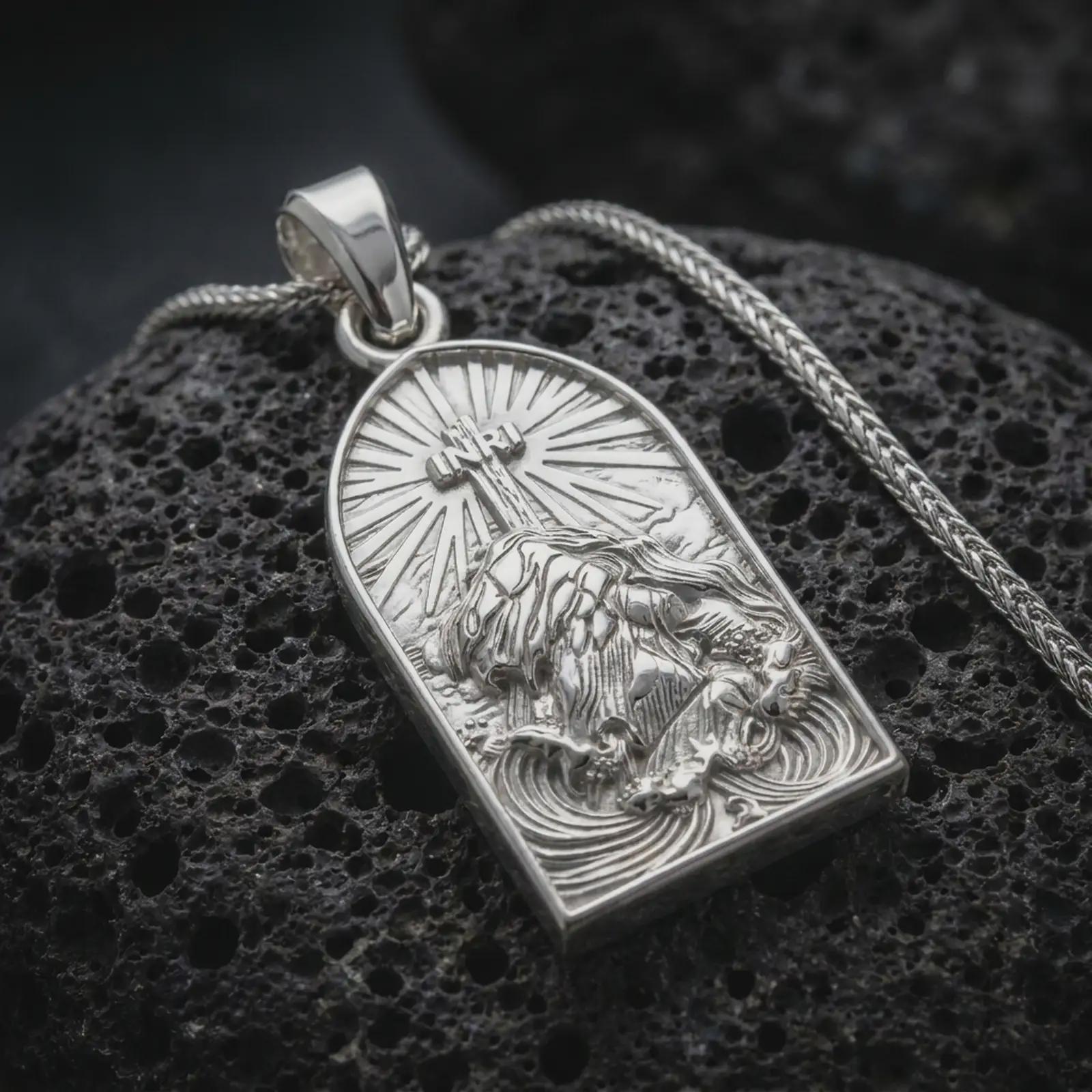 The polished silver Jesus cross pendant is displayed on textured volcanic rock, highlighting the arched medallion, raised INRI lettering, flowing garments, and dimensional Christian relief in a premium macro photograph.