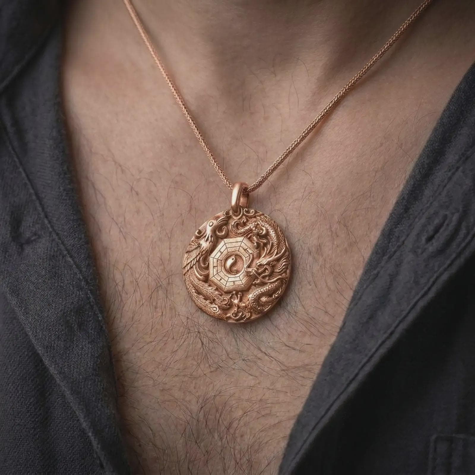 The rose gold plated Bagua pendant is worn on a man’s chest, showcasing the sculpted dragon, ornamental phoenix, central Yin Yang emblem, and dimensional circular frame in an elegant lifestyle shot.